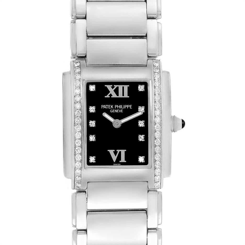 Patek Philippe Twenty-4 Black Diamond Dial Bezel Ladies Watch 4910. Quartz movement. Stainless steel case 25.0 x 30.0 mm. Onyx set crown. Stainless steel case 25.0 x 30.0 mm. Onyx set crown. Original Patek factory 38 diamond bezel. Scratch resistant