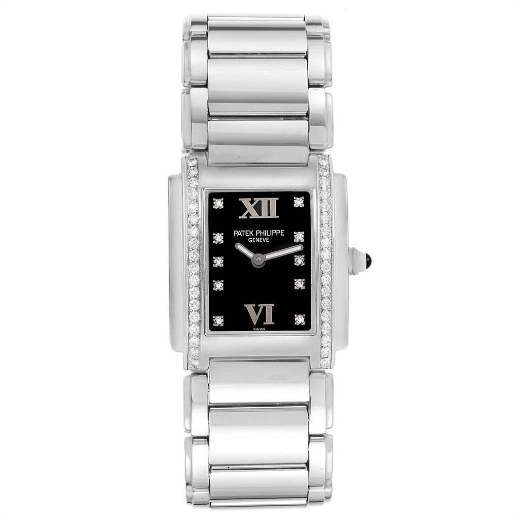 Patek Philippe Twenty-4 Black Diamond Dial Bezel Ladies Watch 4910 In Excellent Condition For Sale In Atlanta, GA