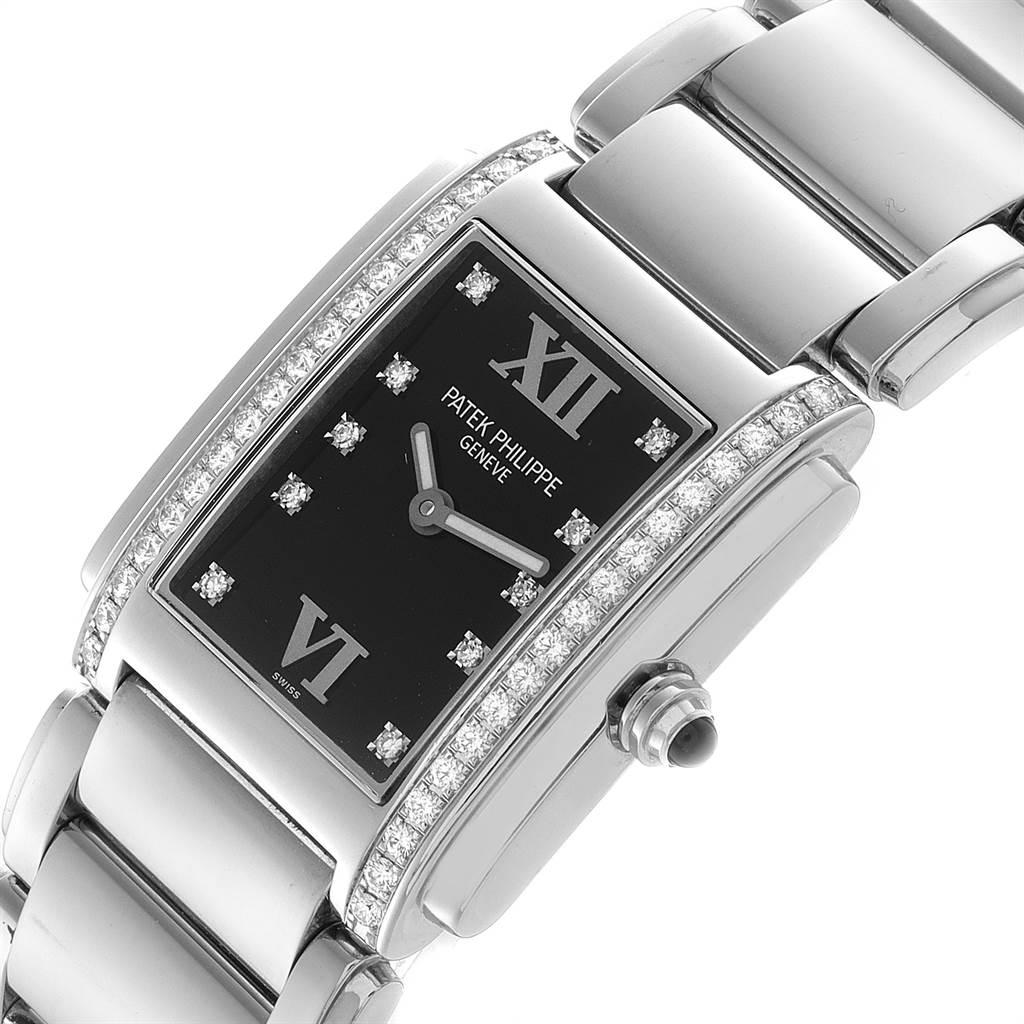 Patek Philippe Twenty-4 Black Diamond Dial Bezel Ladies Watch 4910 In Excellent Condition In Atlanta, GA