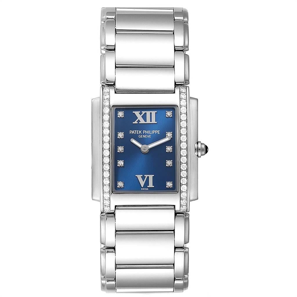 Patek Philippe Twenty-4 Blue Dial Steel Diamond Ladies Watch 4910. Quartz movement. Stainless steel case 25.0 x 30.0 mm. Onyx set crown. Original Patek factory 38 diamond bezel. Scratch resistant sapphire crystal. Blue dial with original Patek