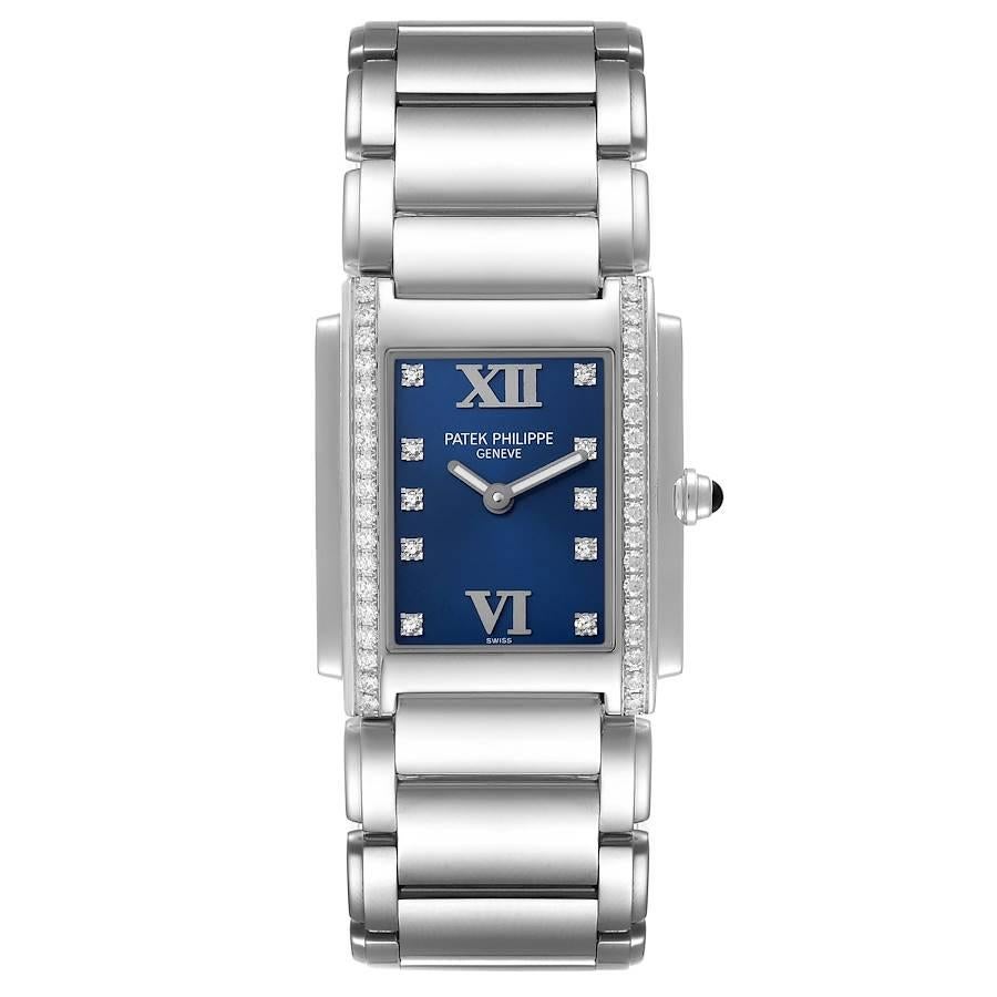 Patek Philippe Twenty-4 Blue Dial Steel Diamond Ladies Watch 4910. Quartz movement. Stainless steel case 25.0 x 30.0 mm. Onyx set crown. Original Patek factory 38 diamond bezel. Scratch resistant sapphire crystal. Blue dial with original Patek