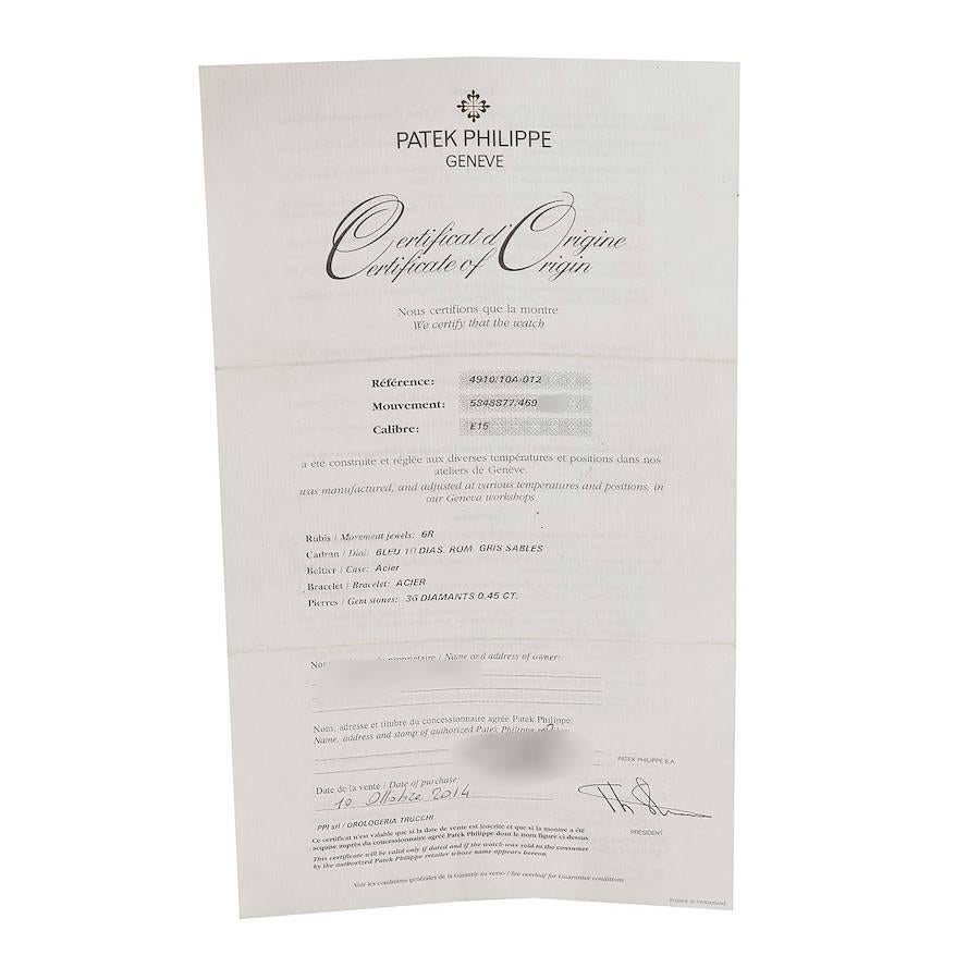 Stahl-Diamant-Damenuhr 4910 von Patek Philippe, Zwanzig-4, blaues Zifferblatt im Angebot 7