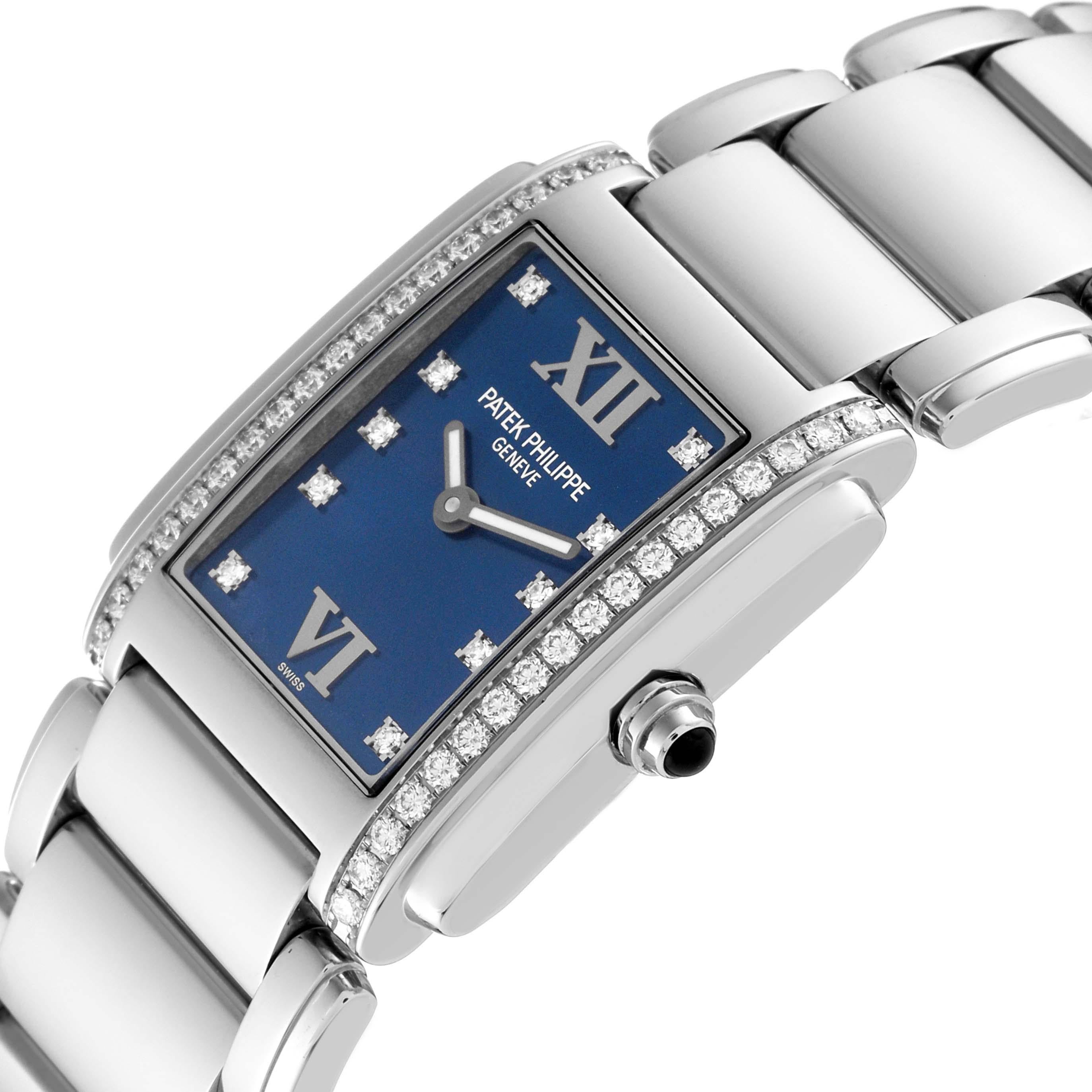 Patek Philippe Twenty-4 Blue Dial Steel Diamond Ladies Watch 4910 Papers In Excellent Condition In Atlanta, GA