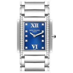 Stahl-Diamant-Damenuhr 4910 von Patek Philippe, Zwanzig-4, blaues Zifferblatt