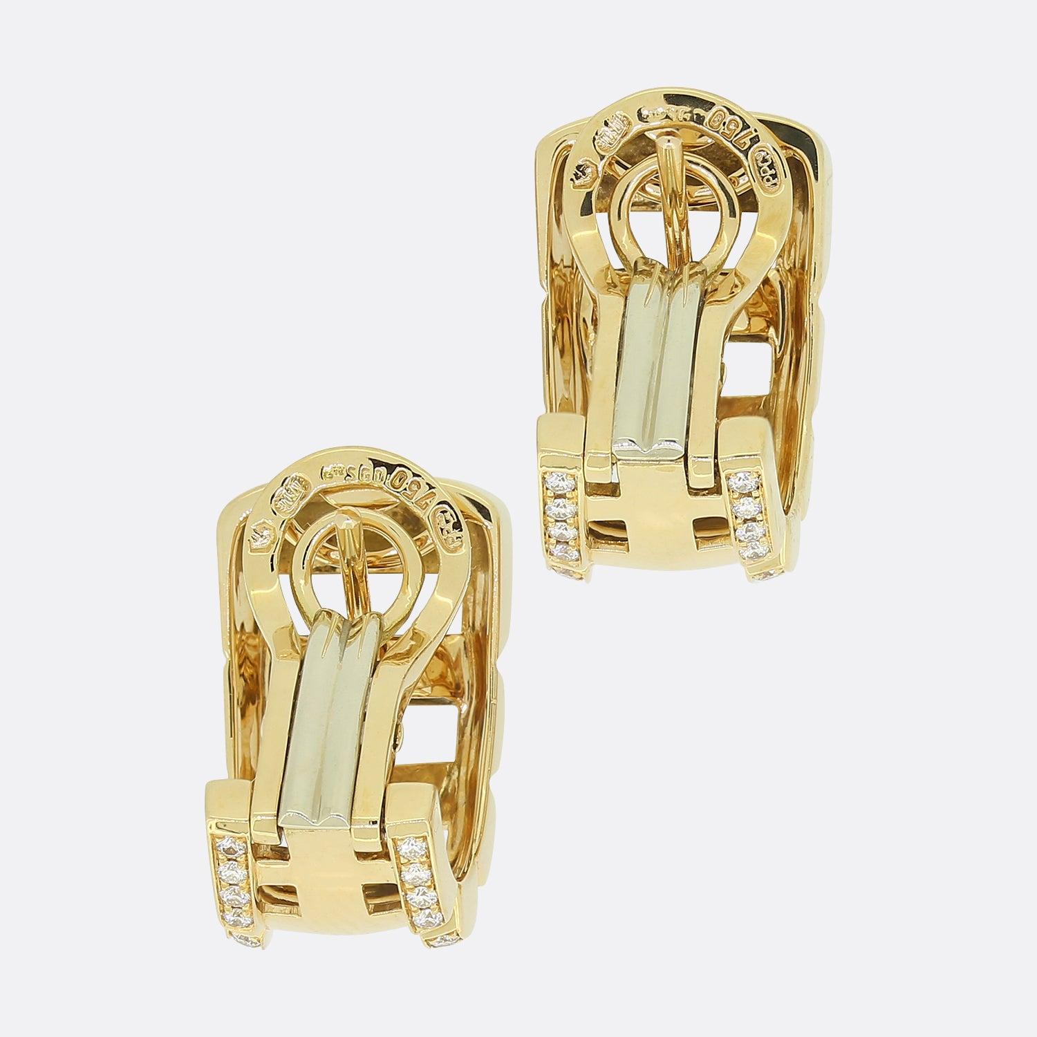 Here we have an elegant pair of Patek Philippe 'Twenty-4' hooped earrings. Each piece is designed as a lattice from polished 18ct yellow gold which is flanked on either side by rows of round brilliant cut diamonds. These timeless earrings are