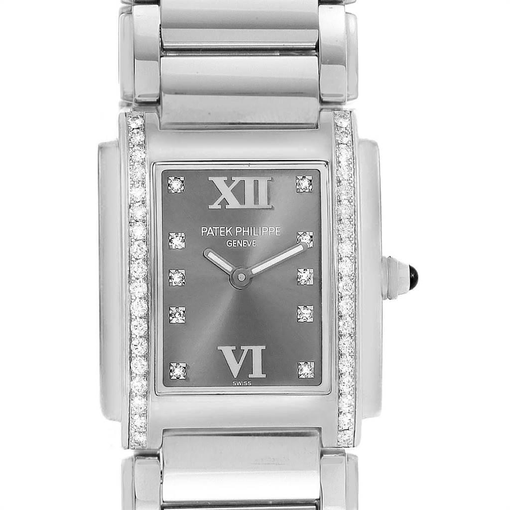 Patek Philippe Twenty-4 Grey Diamond Dial Steel Ladies Watch 4910. Quartz movement. Stainless steel case 25.0 x 30.0 mm. Onyx set crown. Original Patek factory 38 diamond bezel. Scratch resistant sapphire crystal. Eternal gray dial with original