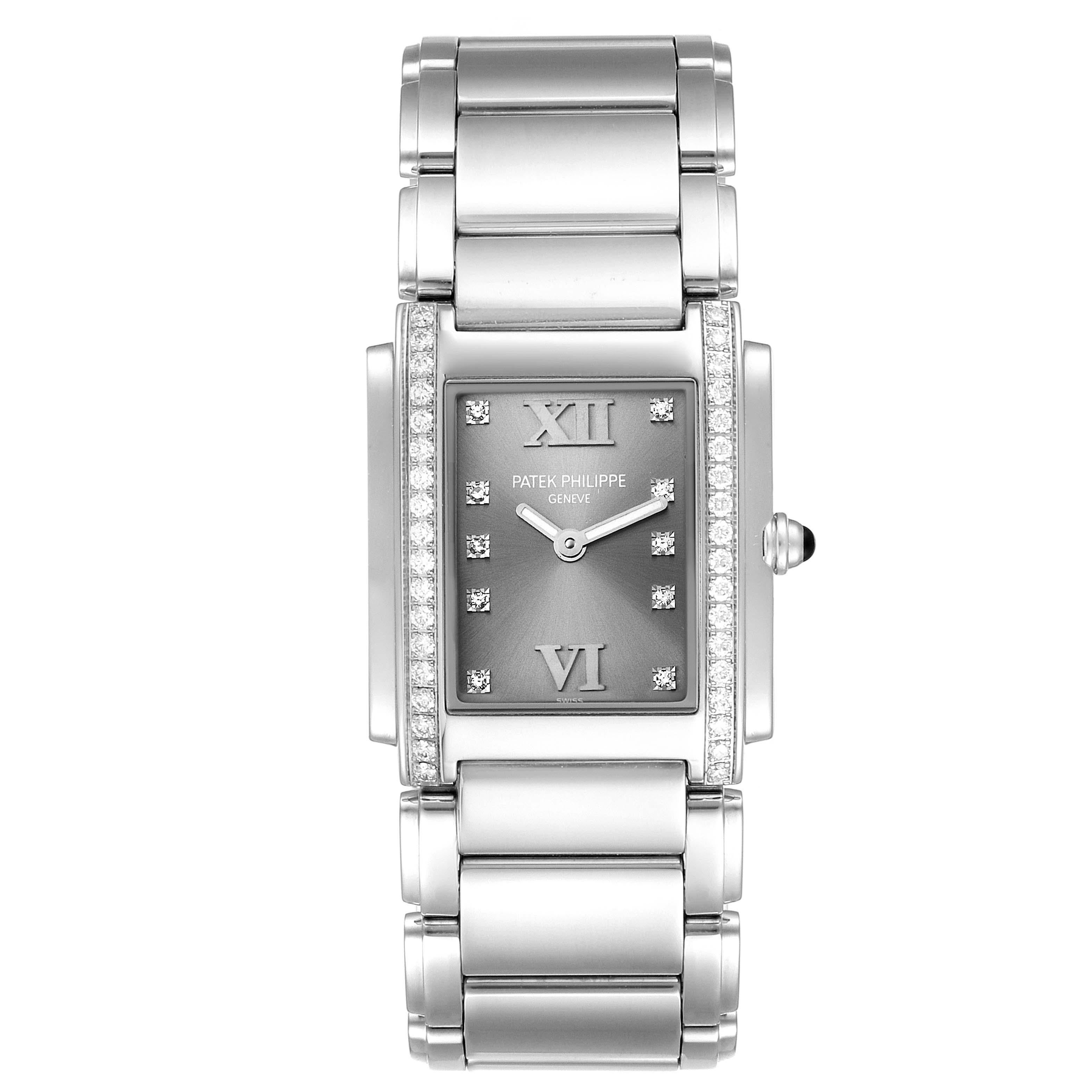 Patek Philippe Twenty-4 Grey Diamond Dial Steel Ladies Watch 4910 In Excellent Condition In Atlanta, GA