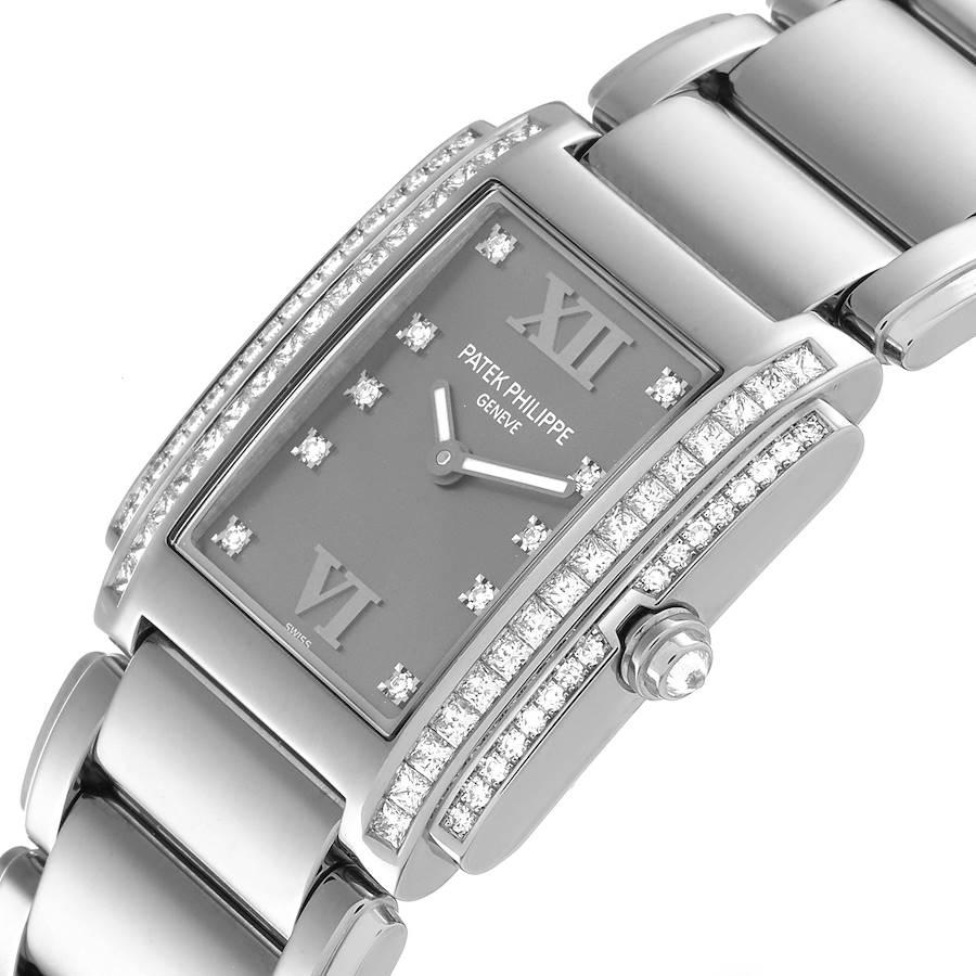 Patek Philippe Twenty-4 Grey Diamond Dial White Gold Ladies Watch 4910 In Excellent Condition In Atlanta, GA