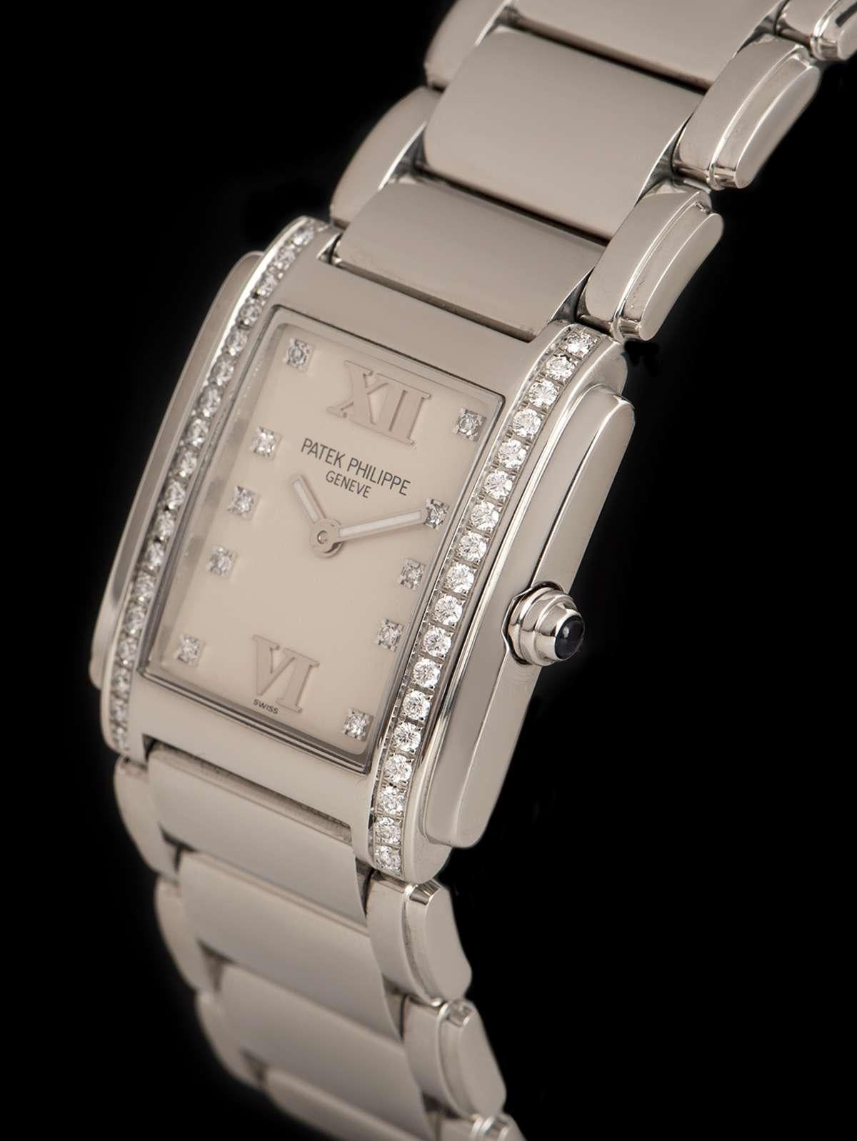 Patek Philippe Twenty-4 Ladies Stainless Steel Silver Diamond Dial 4910/10A-011 In Excellent Condition In London, GB