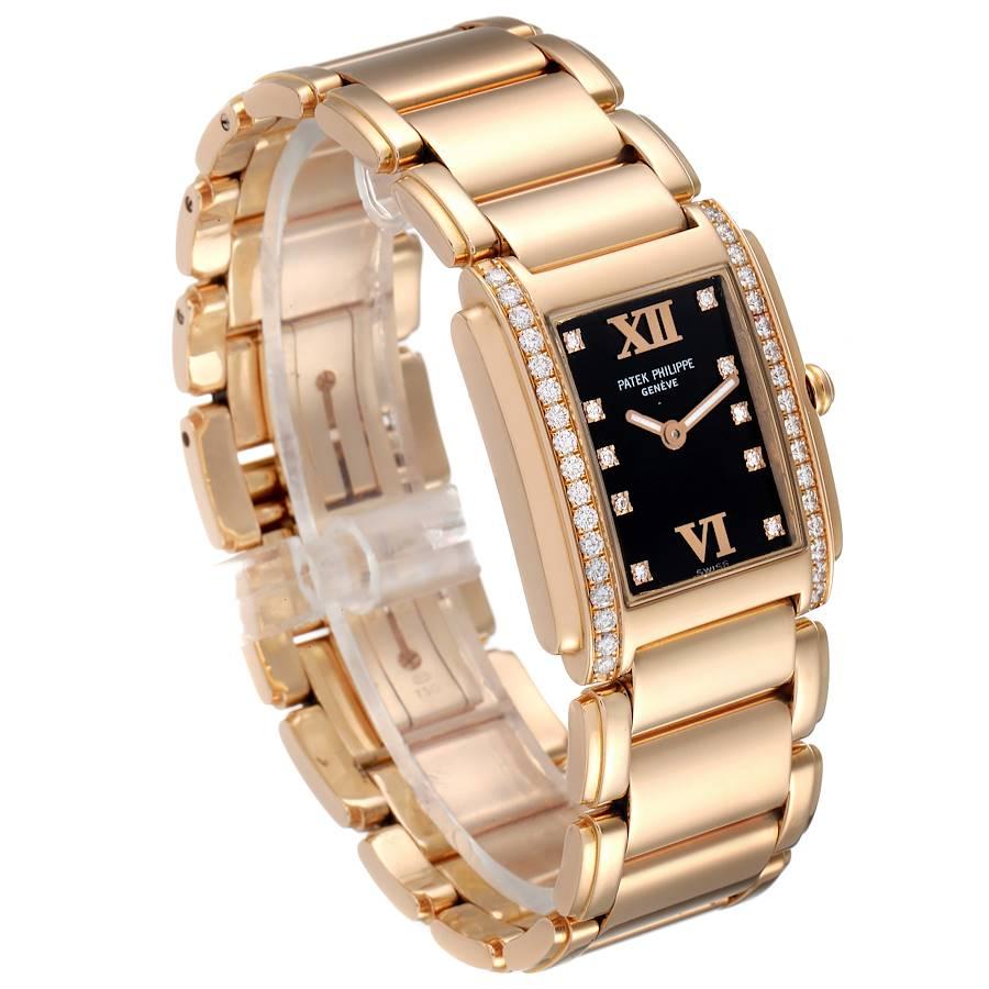 Patek Philippe Uhr Twenty-4 Roségold Schwarzes Zifferblatt Diamant 4910 Box Papiere im Zustand „Gut“ im Angebot in Atlanta, GA