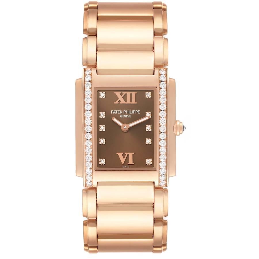 Patek Philippe Twenty-4 Rose Gold Brown Dial Diamond Ladies Watch 4910. Quartz movement. 18K rose gold case 25 x 30 mm incrusted with 36 diamonds. . Scratch resistant sapphire crystal. Bronze brown dial with diamond hour markers and raised roman