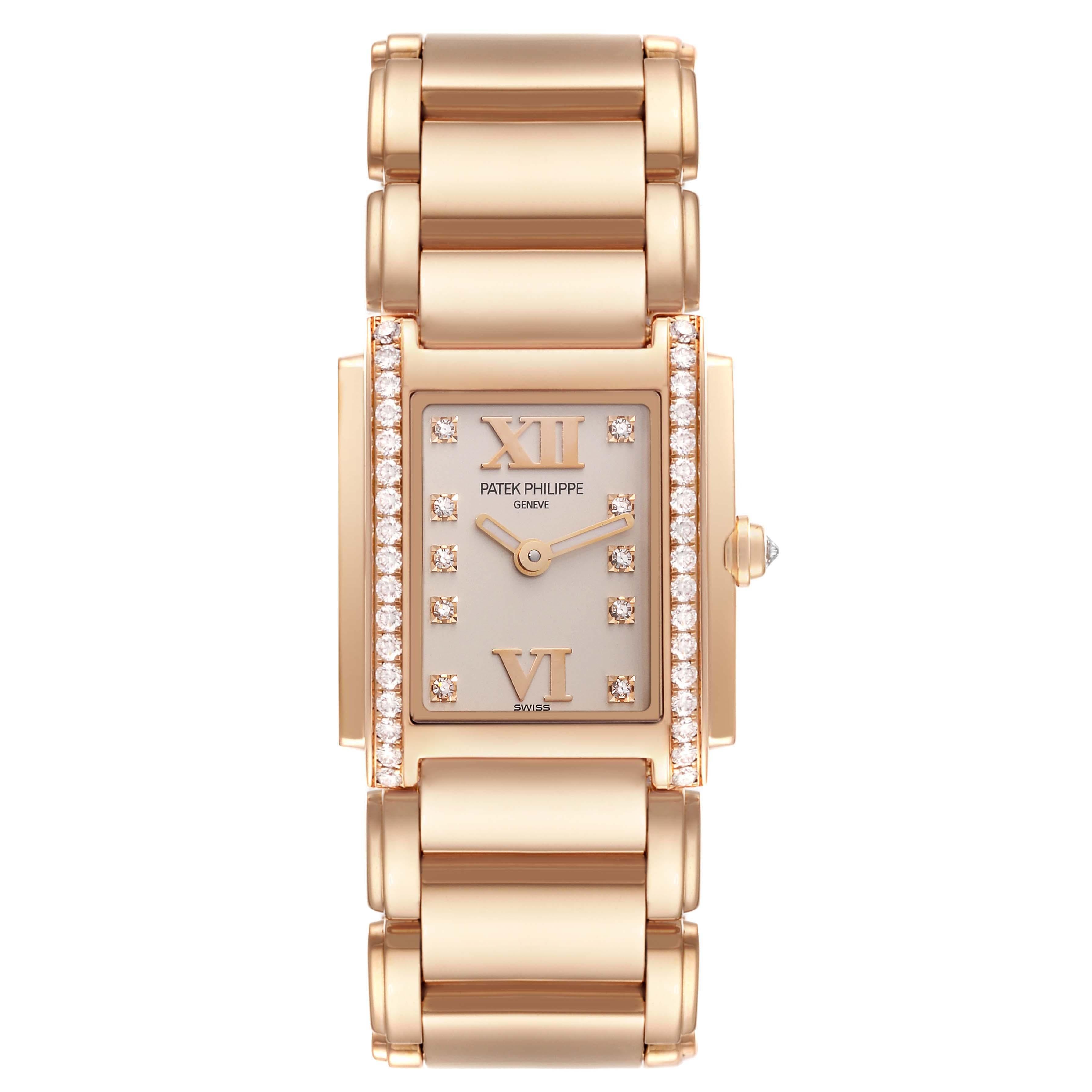 Patek Philippe Twenty-4 Small 18K Rose Gold Diamond Ladies Watch 4908. Quartz movement. 18K rose gold case 22.0 x 26.3 mm encrusted with one row of 34 Top Wesselton quality diamonds weighing approximately 0.43 carats. The crown set with the a single