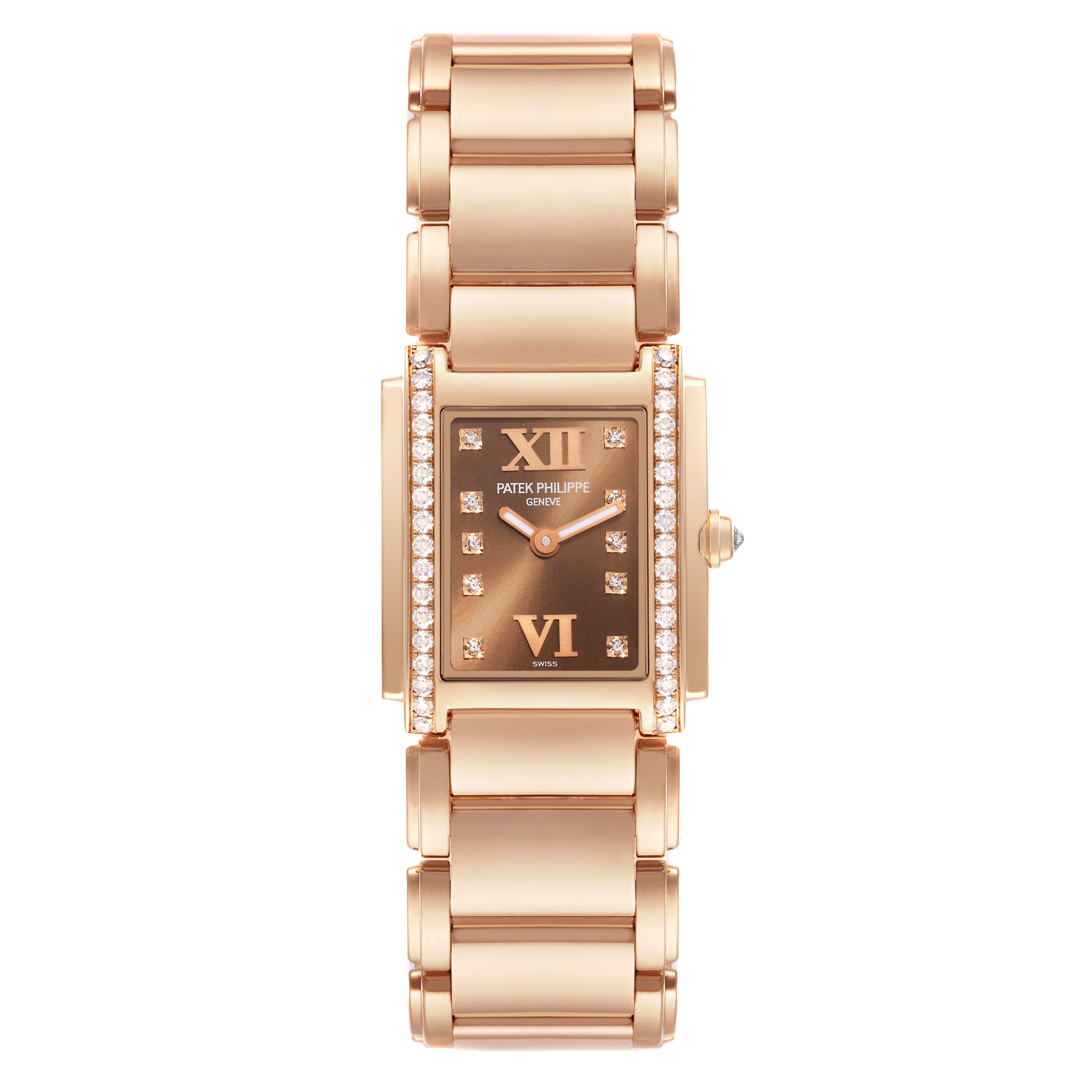 Patek Philippe Twenty-4 Small 18K Rose Gold Diamond Ladies Watch 4908 Papers. Quartz movement. 18K rose gold case 22.0 x 26.3 mm encrusted with one row of 34 Top Wesselton quality diamonds weighing approximately 0.43 carats. The crown is set with a