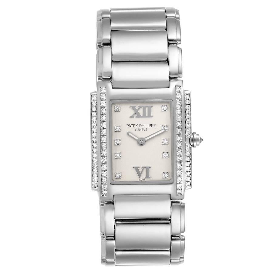 Patek Philippe Twenty-4 White Gold Diamond Ladies Watch 4908 Box Papers. Quartz movement. 18K white gold case 22.0 x 26.3 mm incrusted with two rows of diamonds (total 88 diamonds). The crown set with the diamond. . Scratch resistant sapphire