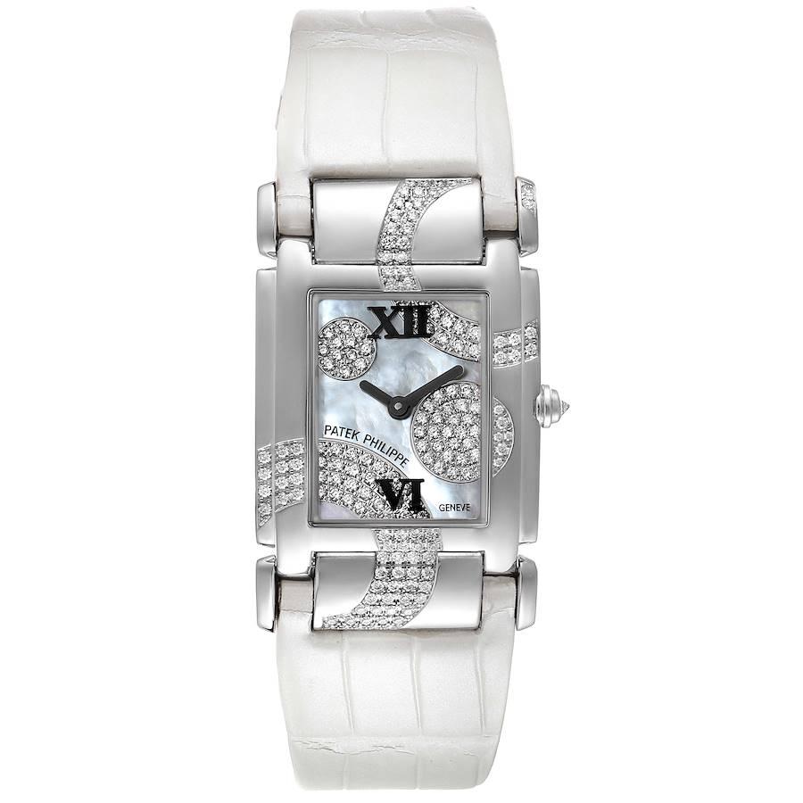 Patek Philippe Twenty-4 White Gold MOP Diamond Ladies Watch 4914 Box Papers. Quartz movement. 18K white gold case 25.0 x 30.0 mm incrusted with a diamonds that match pattern on a dial. The crown set with the diamond. . Scratch resistant sapphire