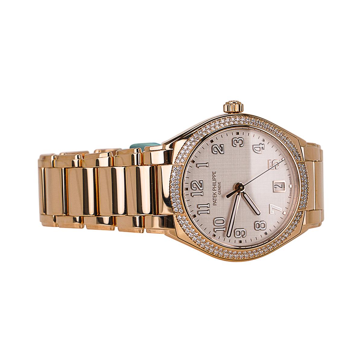 Timeless elegance.
Mightychic offers a Patek Philippe 7300/1200R TWENTY~4 ladies' watch in Rose Gold.
The first watch in the TWENTY~4 collection to feature a round case.
160 diamond bezel - 0.77ct.
Silvery dial with satin finish reminiscent of