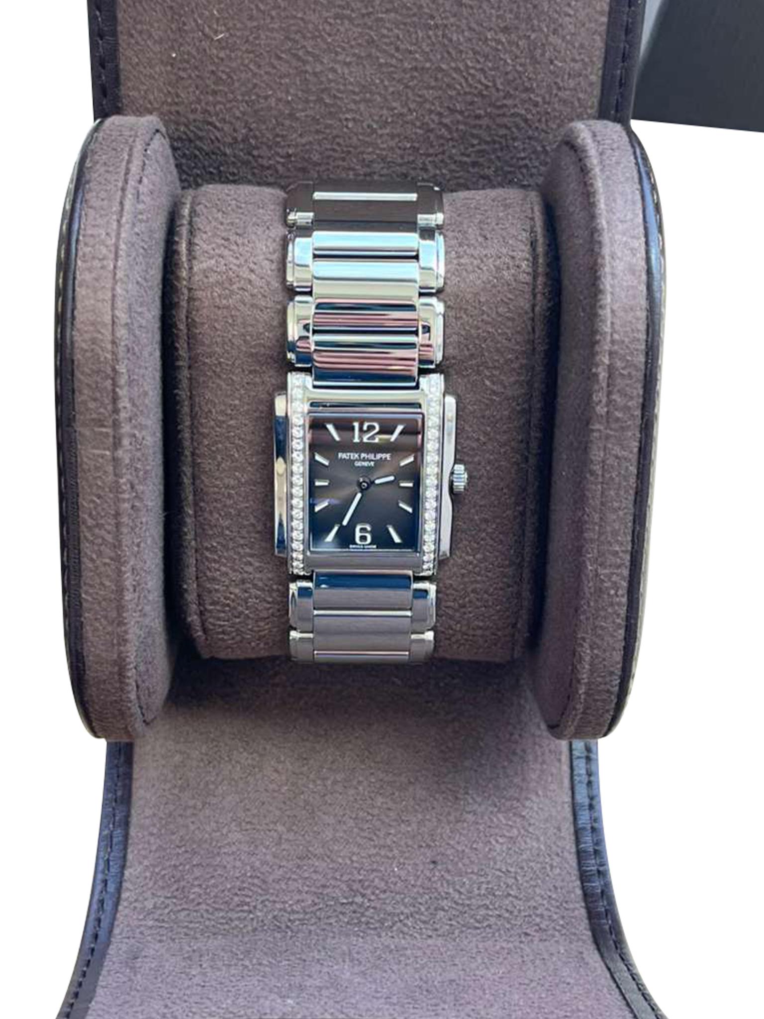 Donna Patek Philippe Twenty~4 Quadrante grigio a raggiera Orologio da donna in acciaio con diamanti 4910/1200A in vendita