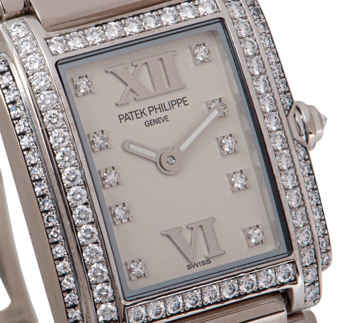 Round Cut Patek Philippe Twenty4 Ladies 18k White Gold Timeless White Dial Diamond Set 