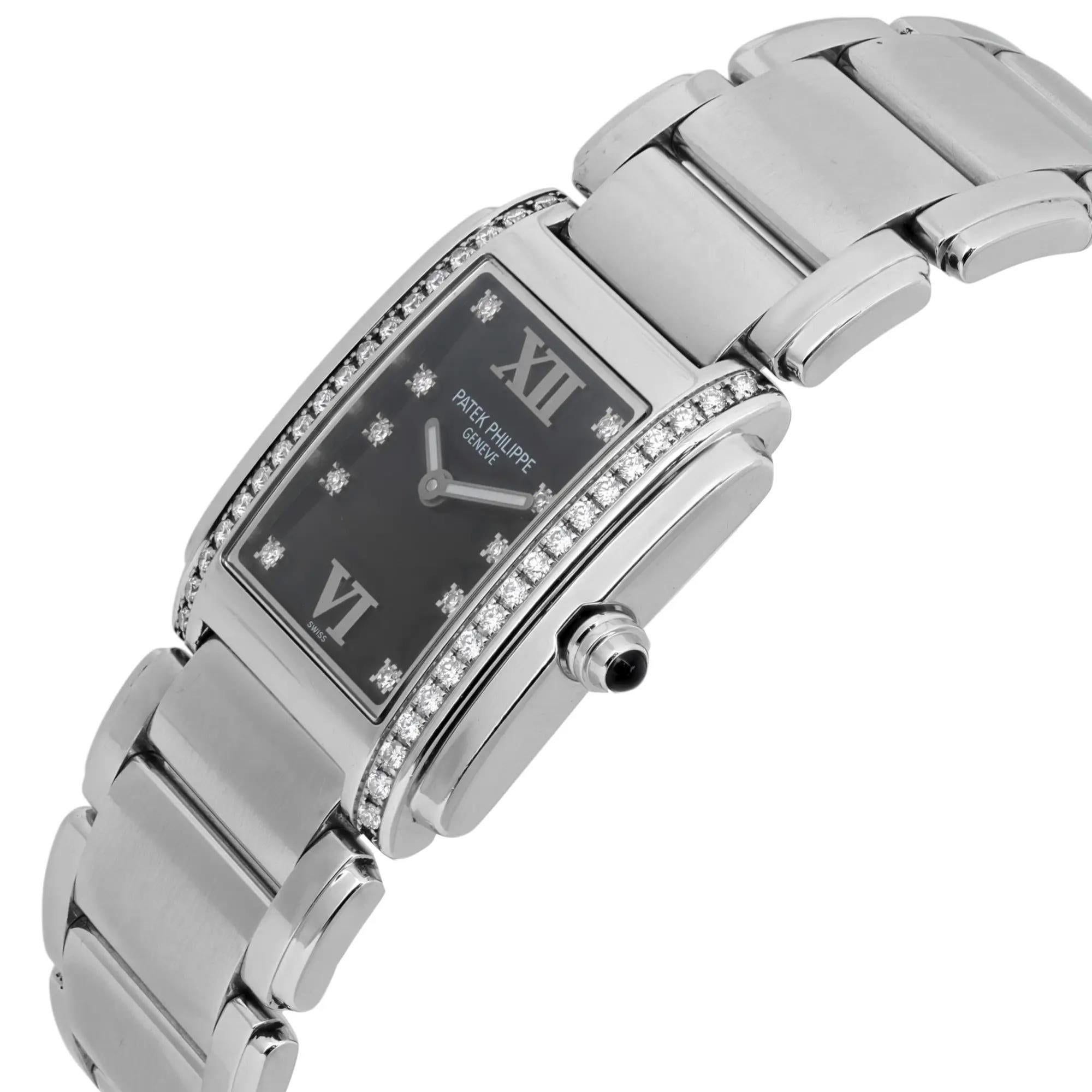 Patek Philippe Twenty4 Steel Quartz 0.45ct Diamond Black Dial Watch 4910/10A-001 In Excellent Condition For Sale In New York, NY