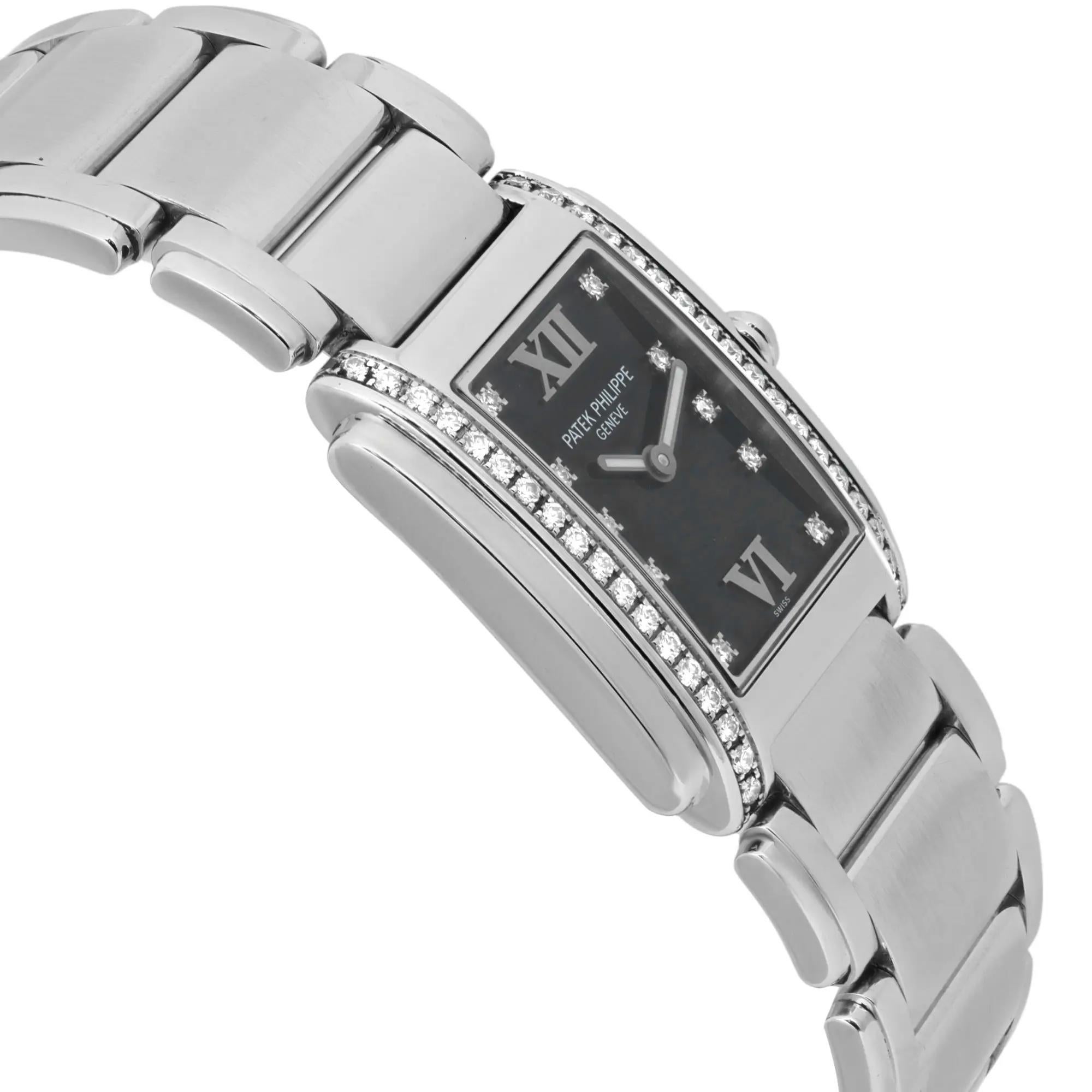 Women's Patek Philippe Twenty4 Steel Quartz 0.45ct Diamond Black Dial Watch 4910/10A-001 For Sale