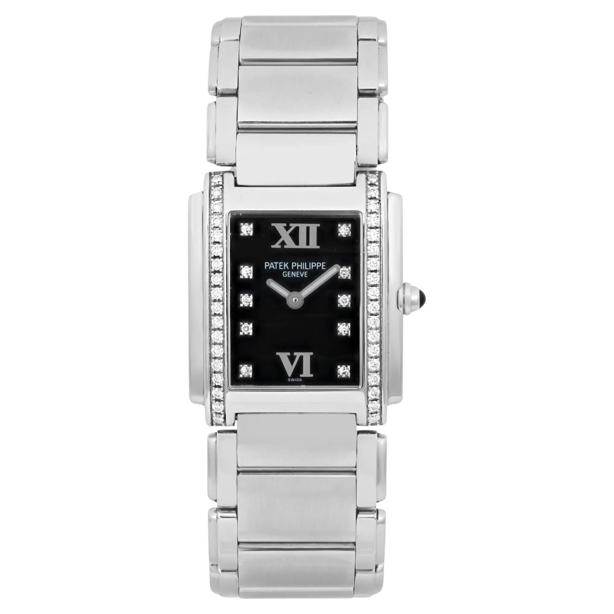 Patek Philippe Twenty4 Steel Quartz 0.45ct Diamond Black Dial Watch 4910/10A-001 For Sale