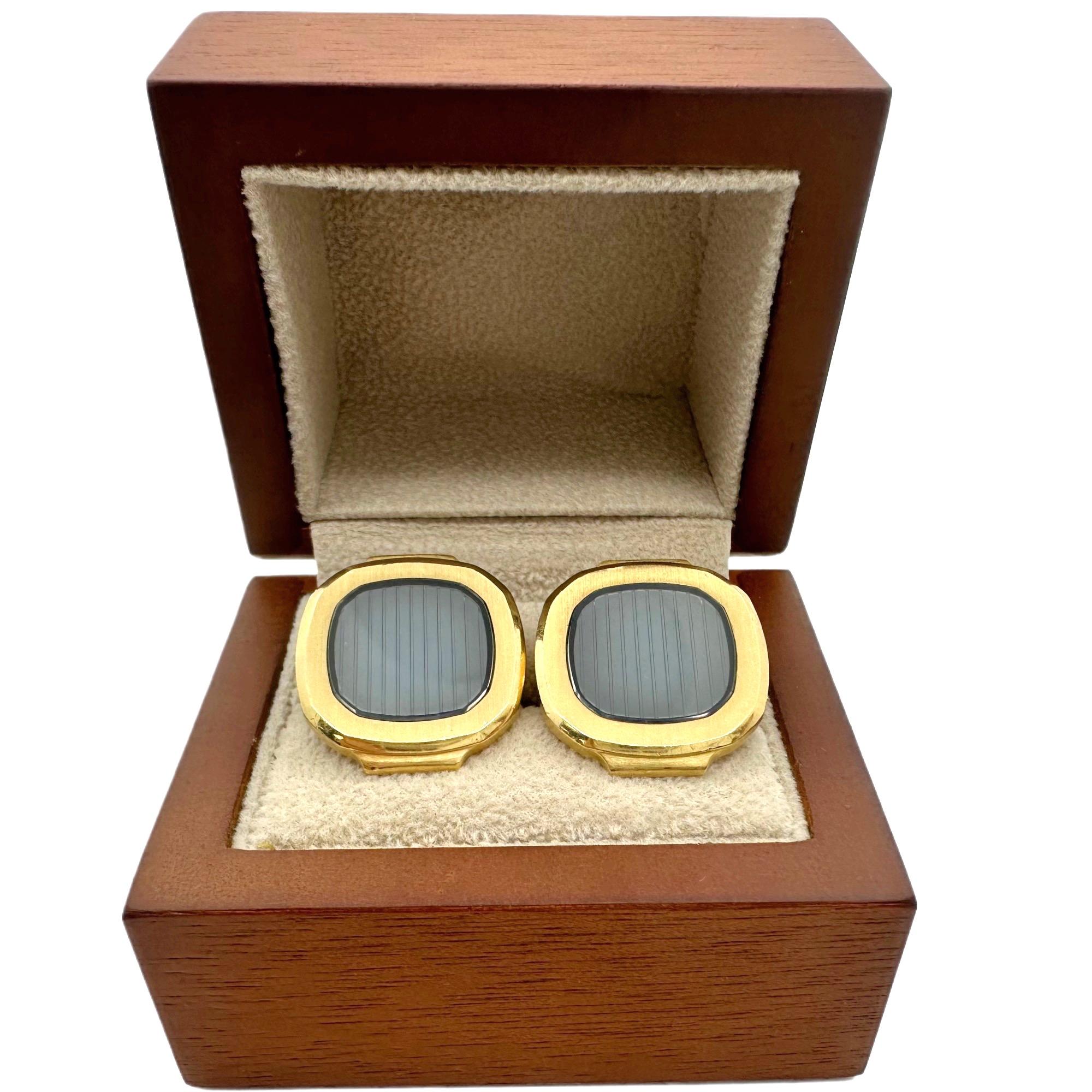 Cushion Cut Patek Philippe Vintage Nautilus 18kt Yellow Gold & Sapphire Crystal Cuff Links For Sale