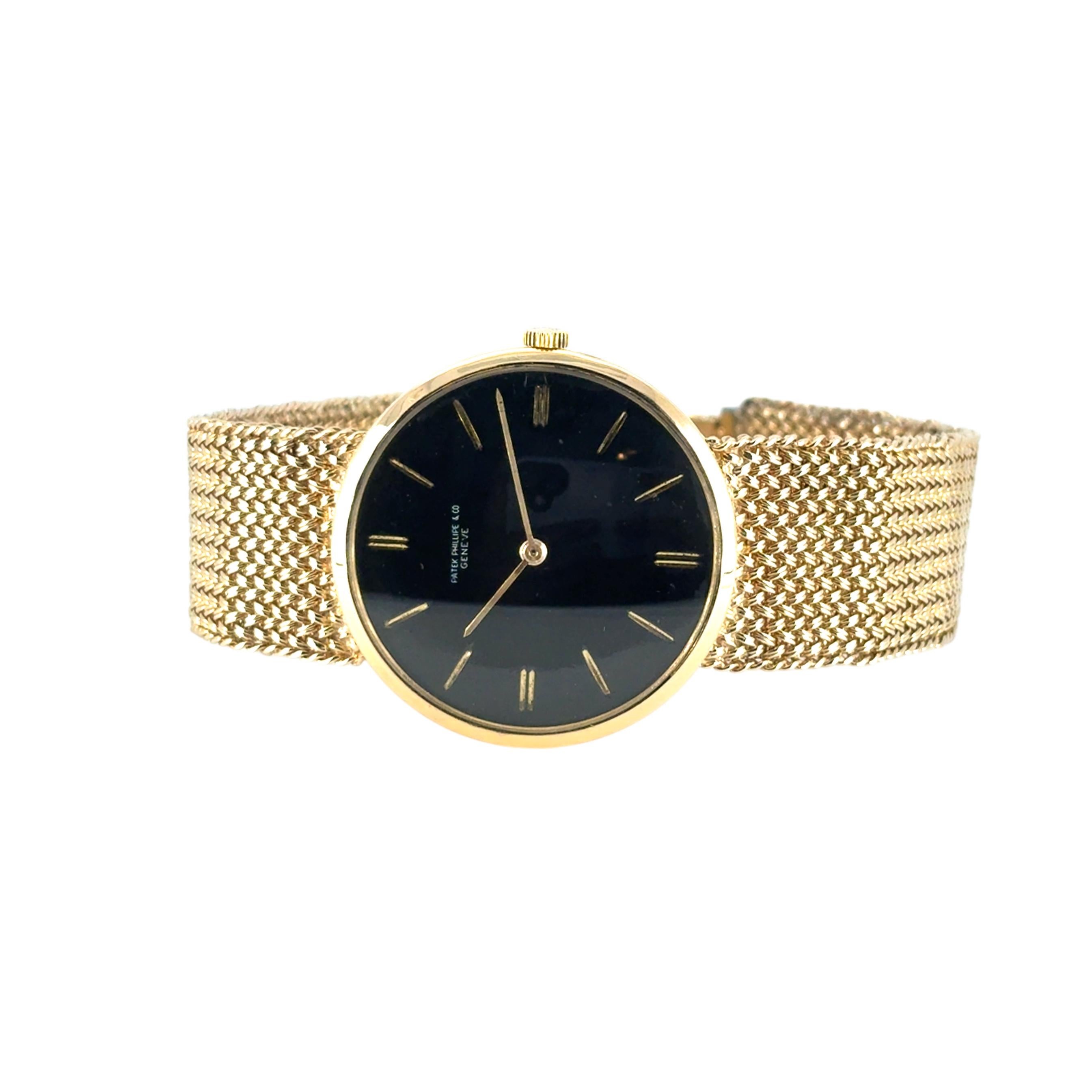 Patek Philippe Vintage Watch 18k Yellow Gold Black Dial Aftermarket 14k Bracelet For Sale 5