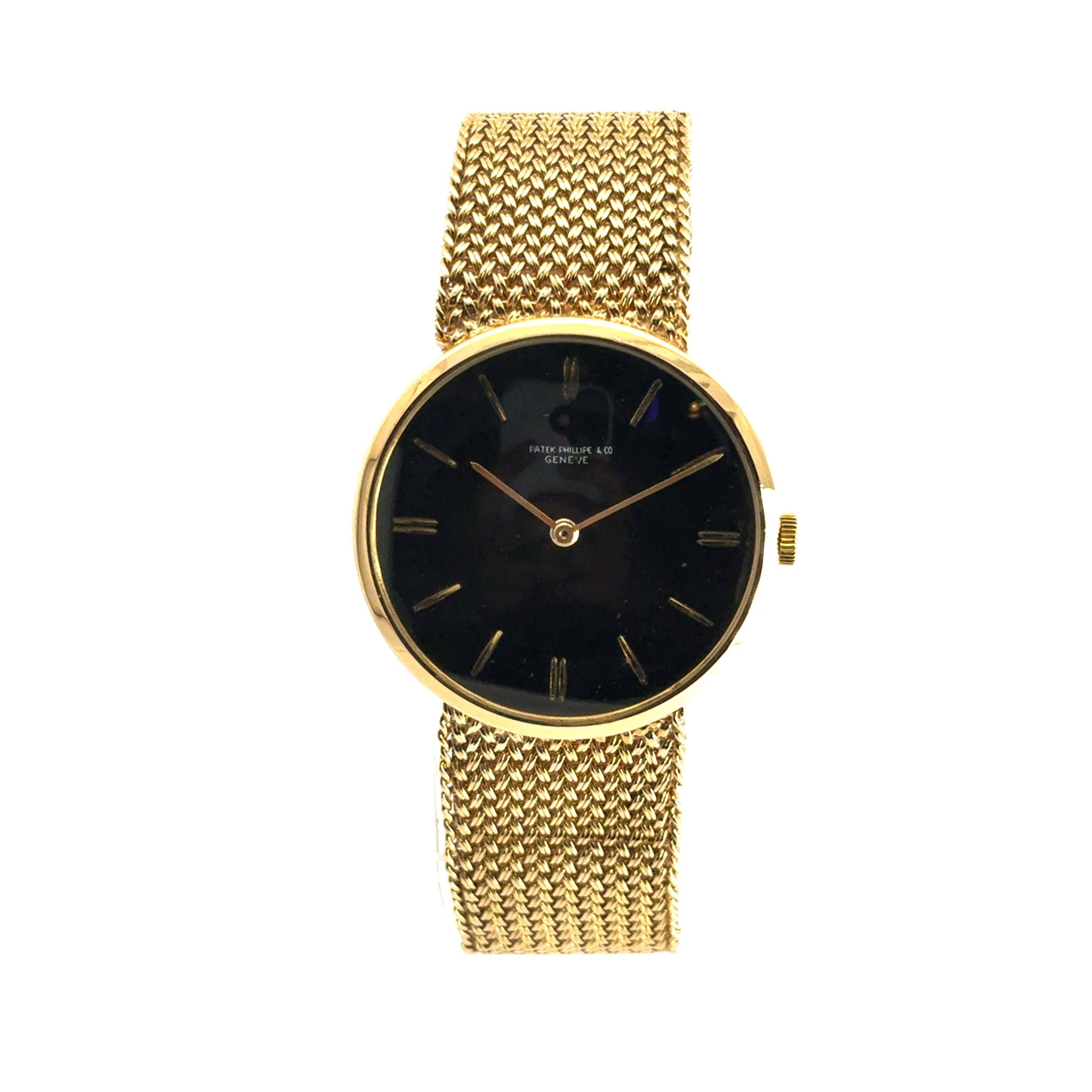 Patek Philippe Vintage Watch 18k Yellow Gold Black Dial Aftermarket 14k Soldered on Bracelet

This Patek Philippe Vintage Watch is in excellent condition and is ready to ship!

Brand: Patek Philippe
Case Material: 18K Yellow Gold
Case Back: