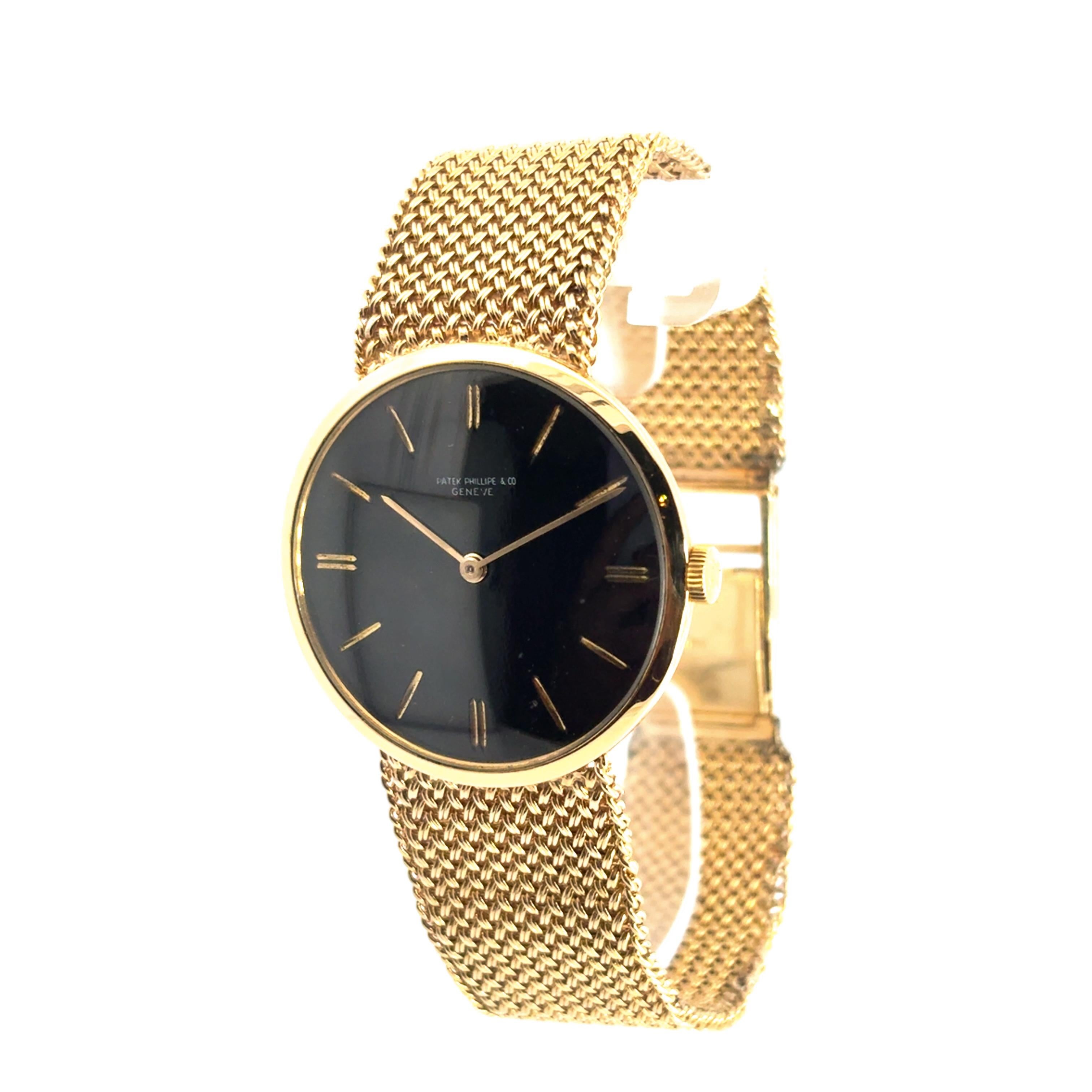 Modern Patek Philippe Vintage Watch 18k Yellow Gold Black Dial Aftermarket 14k Bracelet For Sale