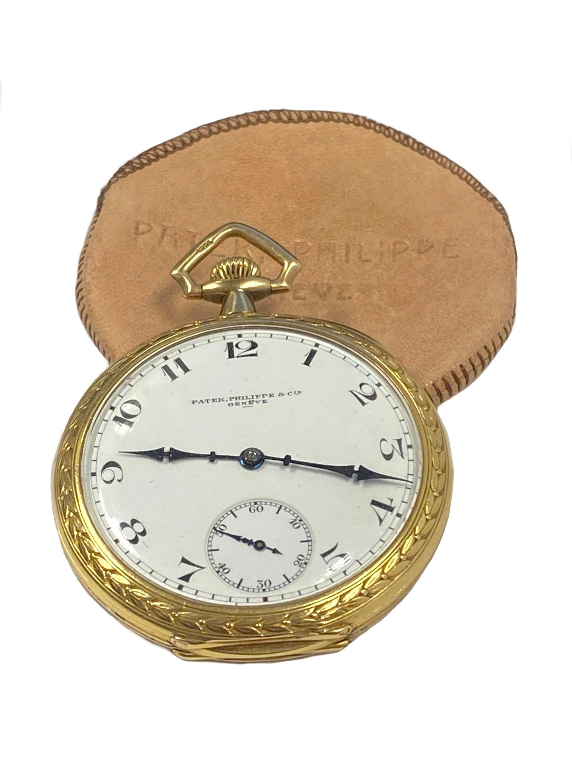 Patek Philippe Vintage Yellow Gold Fancy Chased Case Porcelain Dial Pocket Watch For Sale 4