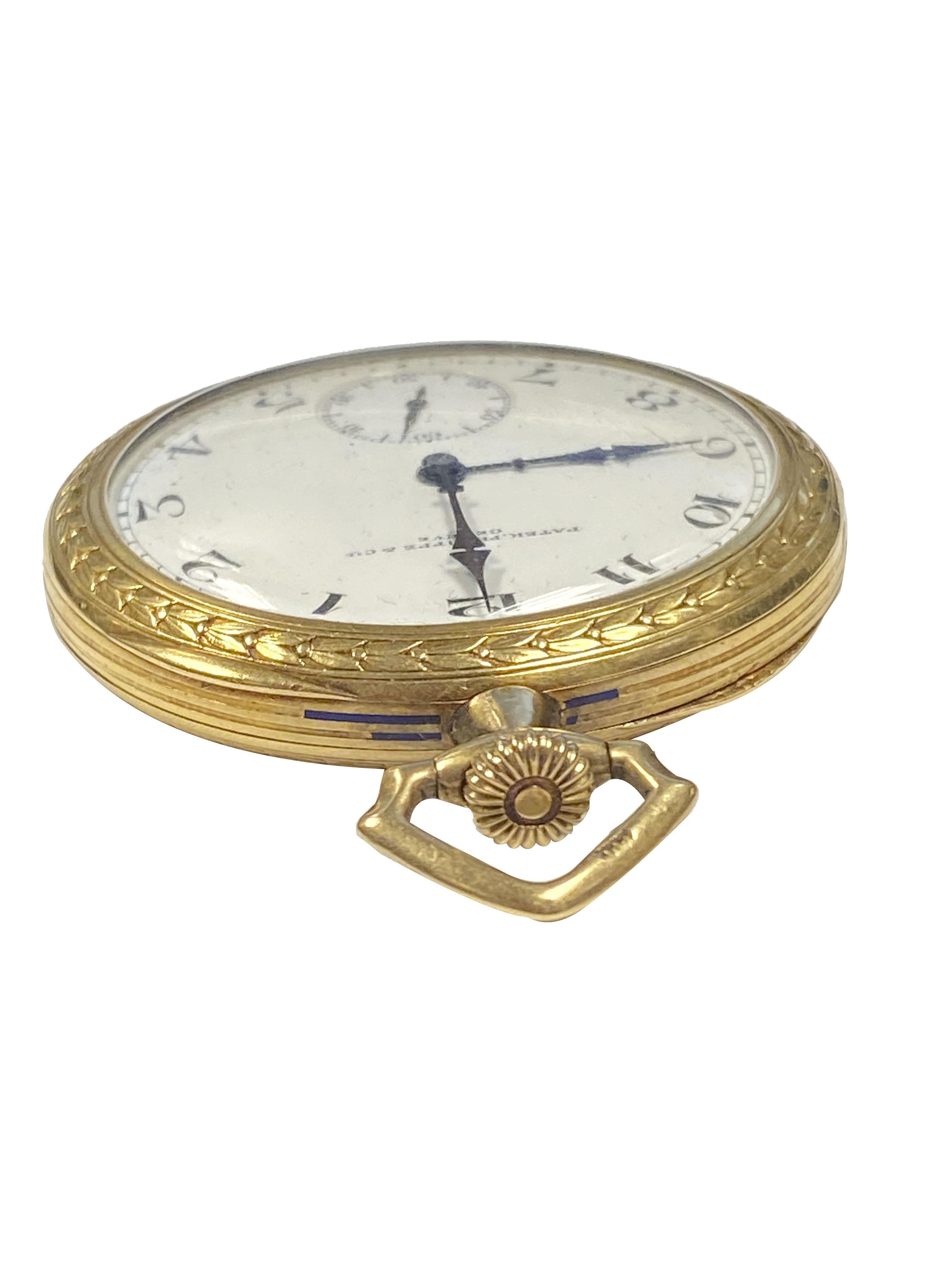 Circa 1920s Patek Philippe Pocket watch,  45 M.M. 3 Piece 18k Yellow Gold case with Gold inside Cuvette, ( dust cover ) Hand Engraving, Chasing on the Bezel and case back. 18 Jewel Mechanical Manual wind Nickle Lever movement. Porcelain dial with