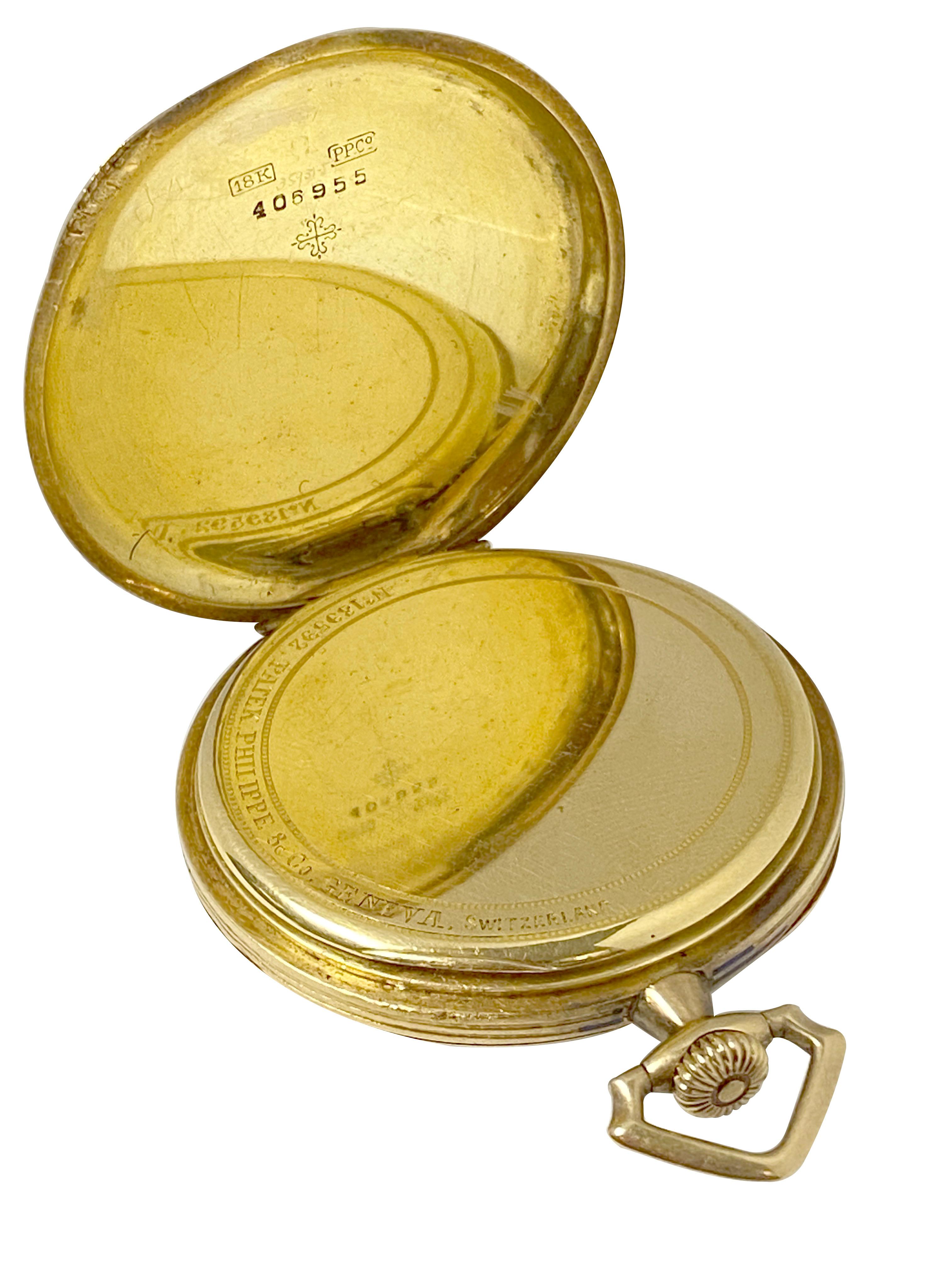 Patek Philippe Montre de poche vintage en or jaune avec boîtier ciselé et cadran en porcelaine fantaisie et cadran en vente 3