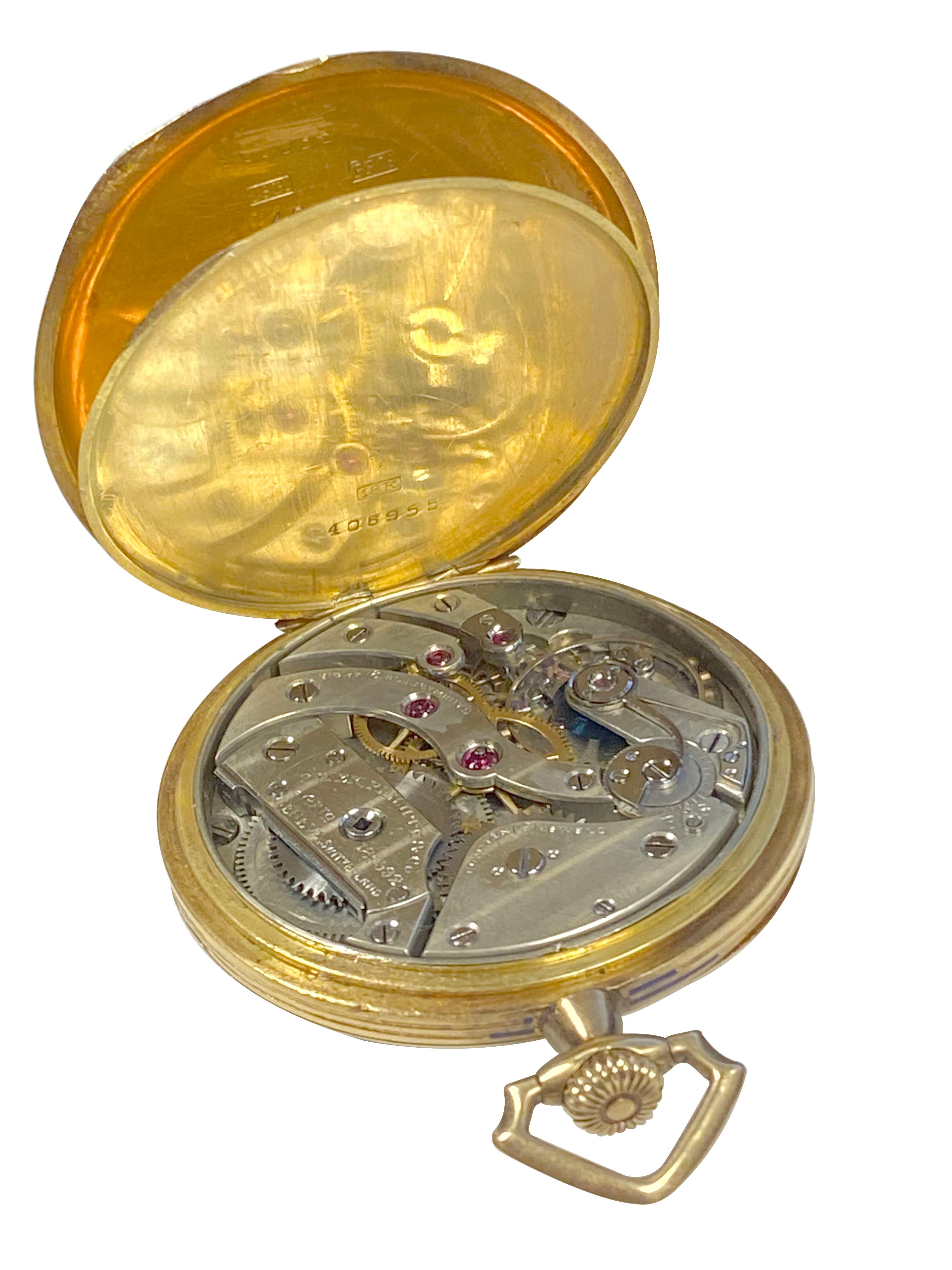 Patek Philippe Vintage Yellow Gold Fancy Chased Case Porcelain Dial Pocket Watch For Sale 1