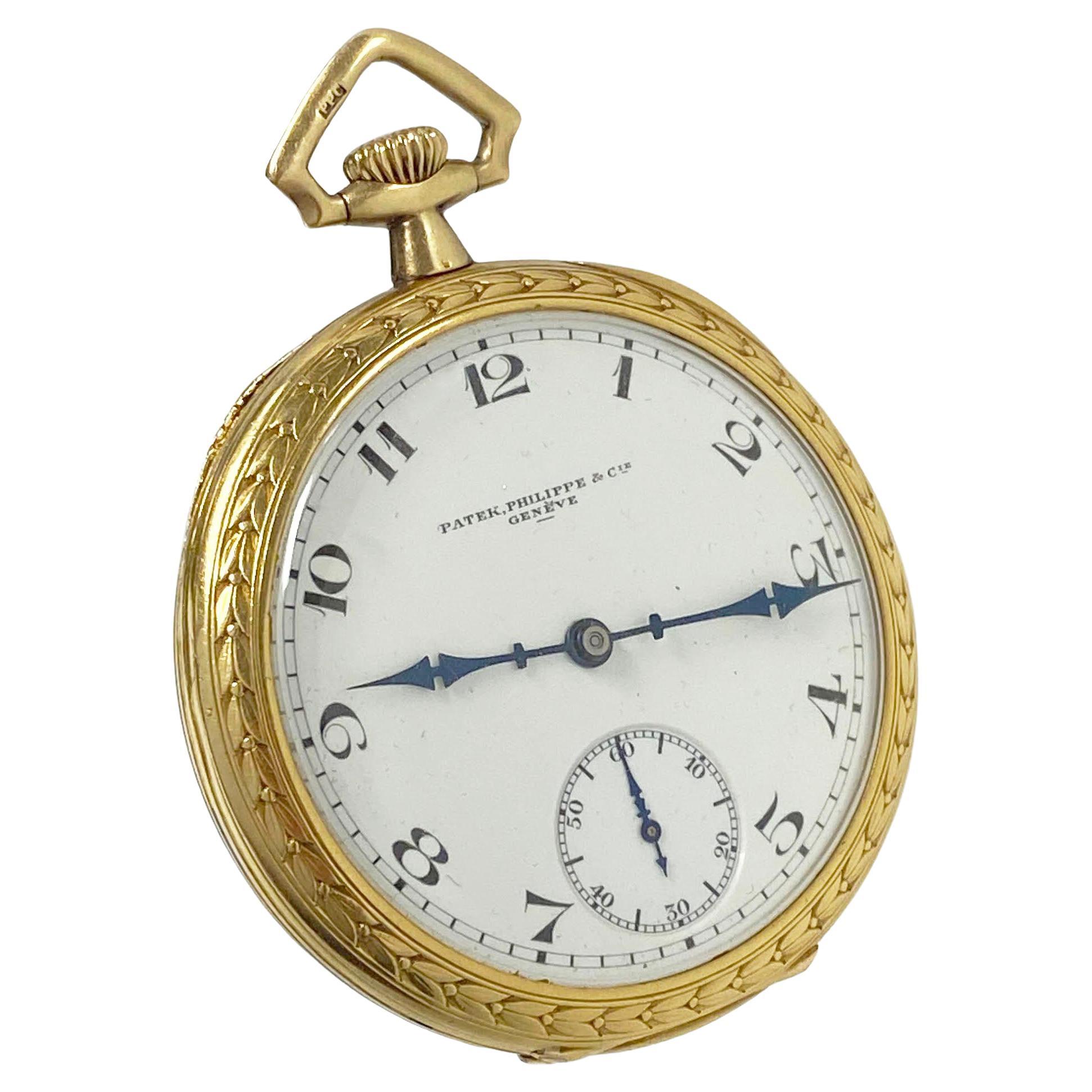 Patek Philippe Vintage Yellow Gold Fancy Chased Case Porcelain Dial Pocket Watch
