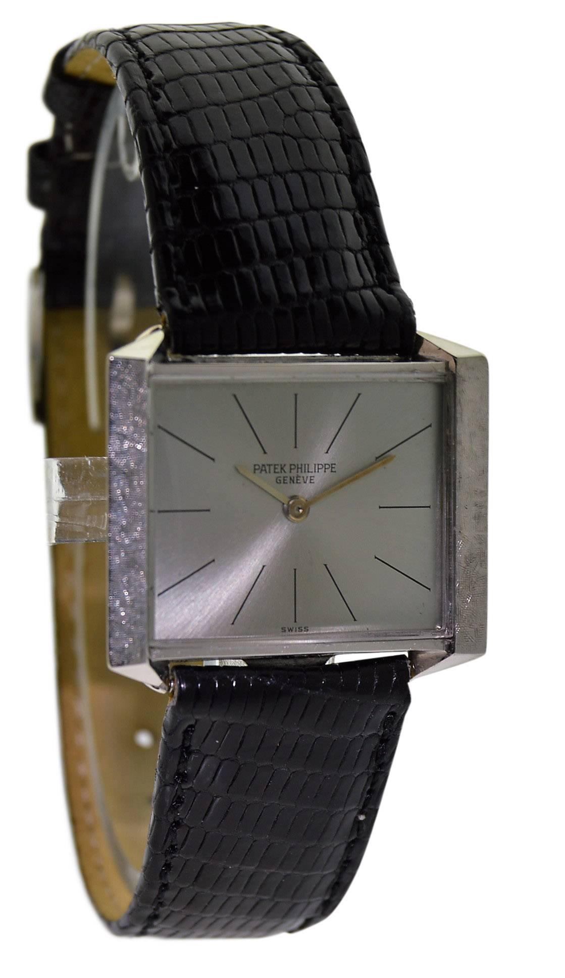 FACTORY / HOUSE: Patek Philippe
STYLE / REFERENCE: 3506 / 3
METAL / MATERIAL: 18kt. White Gold
CIRCA: 1960's
DIMENSIONS: 26mm X 30mm
MOVEMENT / CALIBER: Manual Winding /18  Jewels 
DIAL / HANDS: Original Silvered with Baton Numerals / Steel Baton