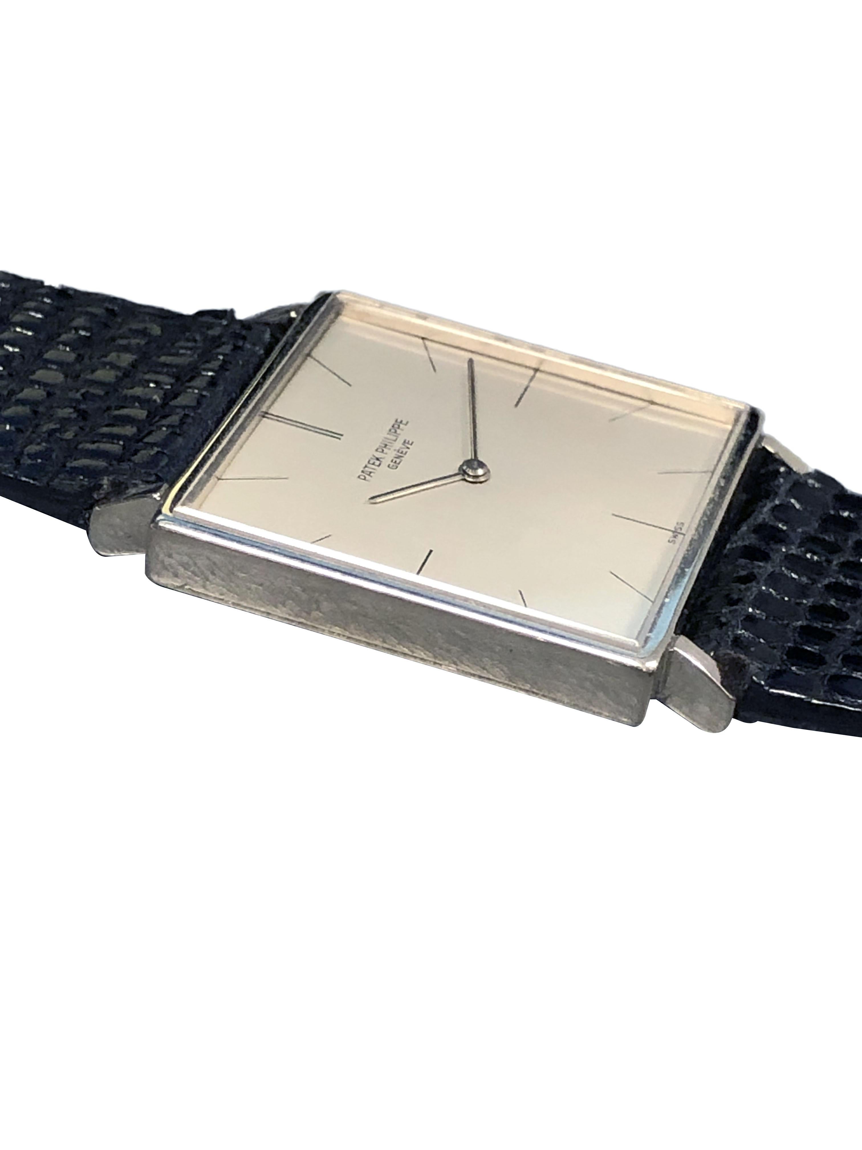 Circa 1960 Patek Philippe Reference 3503 Wrist Watch, 25 X 26 M.M. x 4 M.M. thick 18k White Gold 2 piece case. 18 Jewel Caliber 175 Nickle Lever Mechanical, Manual wind movement. Original Silver Satin Dial With Black markers, Patek Philippe logo