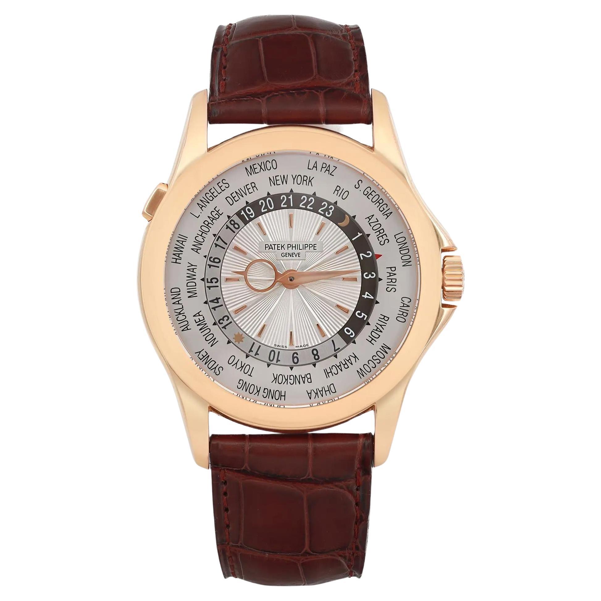Patek Philippe World Time 18k Rose Gold Silver Dial Men Watch 5130R-001 For Sale
