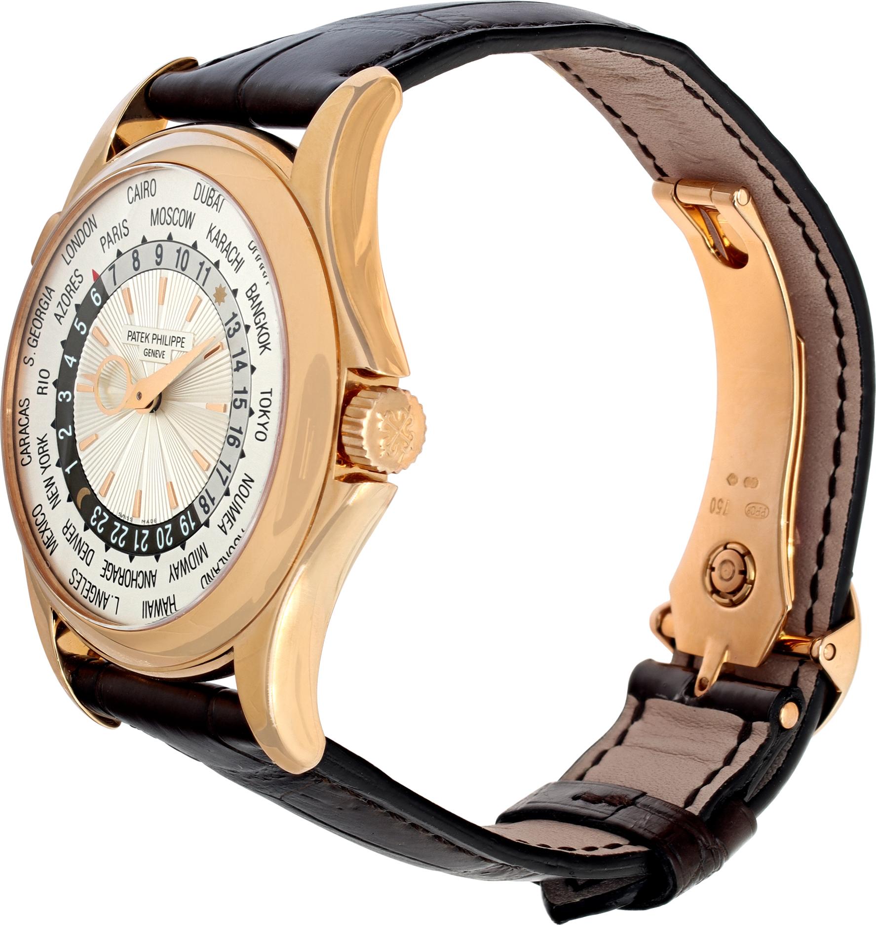 Patek Philippe World Time in 18k rose gold on a brown alligator strap with deployant buckle. Automatic movement under glass w/ world time. 39.5 mm case size. With box and papers. Circa 2011. Ref 5130r. *Bank Wire At This Price Only* Fine Pre-owned