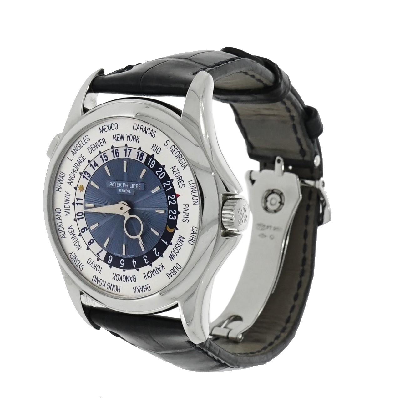 Pre-owned in good condition Patek Philippe World Timer, 39mm platinum case, automatic movement, caliber 240HV, 33 jewels, beating at 21,600vph, 48 hours of power reserve, exhibition case  back, sunray blue Arabic number hour markers dial, day night 