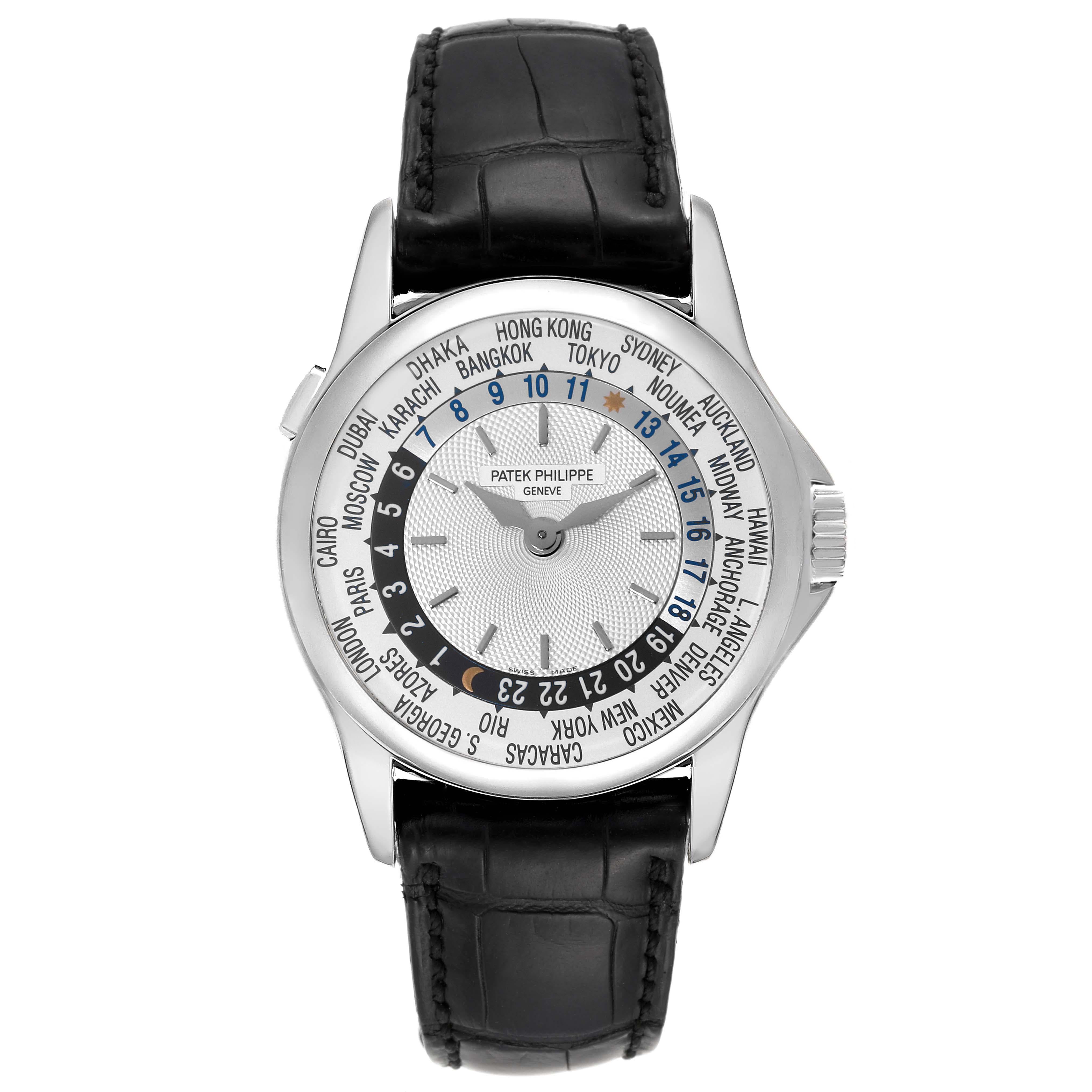 Patek Philippe World Time Automatic White Gold Mens Watch 5110. Automatic self-winding movement. Rhodium-plated with fausses cotes embellishment. Straight-line lever escapement, a 22K gold mini rotor, an anti-shock device, and a monometallic Gyromax