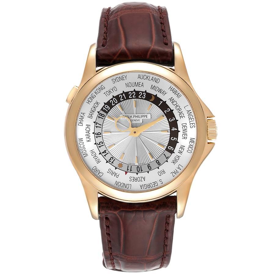 Patek Philippe World Time Complications 18k Yellow Gold Mens Watch 5130. Automatic self-winding movement. Nickel lever movement, stamped with the PP seal, mono-metallic balance, 22k gold micro-rotor . 18k Yellow gold case 39.5 mm in diameter. Crown