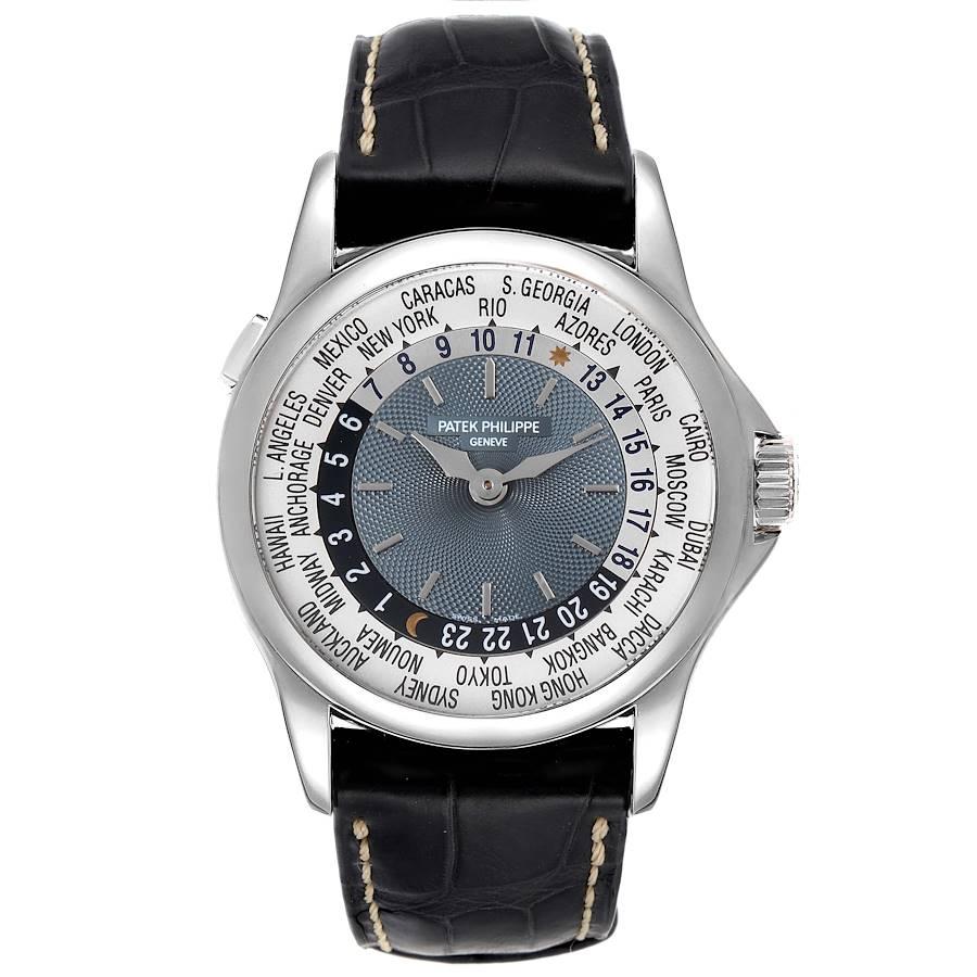 Patek Philippe World Time Complications Platinum Mens Watch 5110. Automatic self-winding movement. Rhodium-plated with fausses cotes embellishment. Straight-line lever escapement, a 22K gold mini rotor, an anti-shock device, and a monometallic