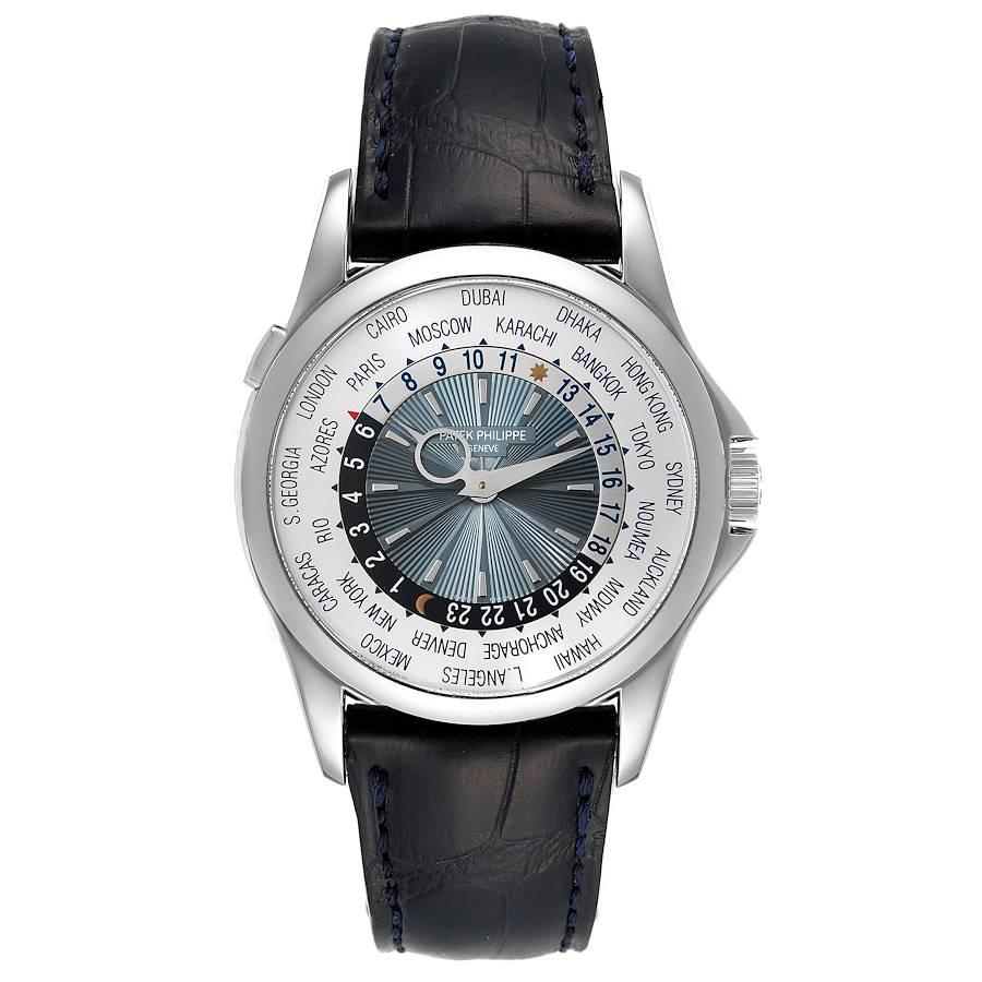 Patek Philippe World Time Complications Platinum Mens Watch 5130 Box Papers. Automatic self-winding movement. Nickel lever movement, stamped with the PP seal, mono-metallic balance, 22k gold micro-rotor . Platinum case 39.5 mm in diameter. Crown