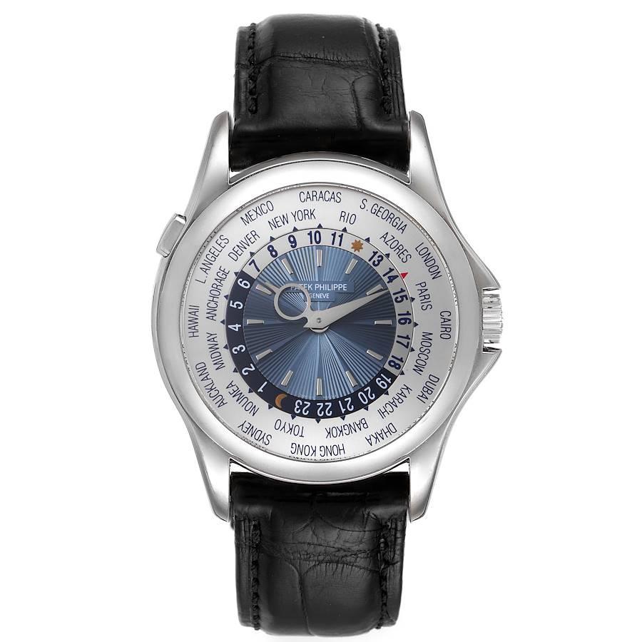 Patek Philippe Weltzeit Komplikationen Platin Herrenuhr 5130. Automatisches Uhrwerk mit Selbstaufzug. Hebelwerk aus Nickel, gestempelt mit dem PP-Siegel, monometallische Unruh, Mikrorotor aus 22k Gold. Platingehäuse mit einem Durchmesser von 39,5