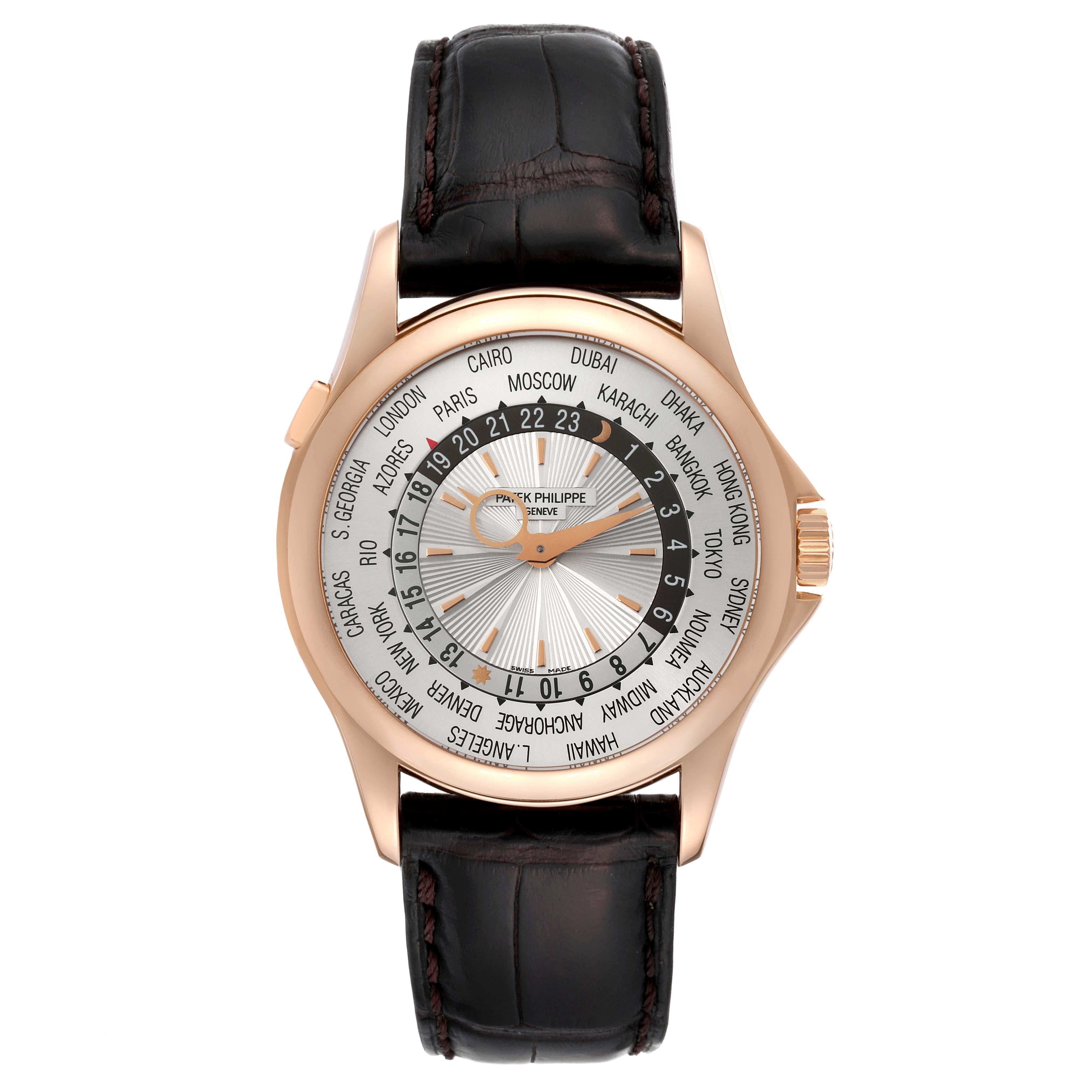 Patek Philippe World Time Complications Rose Gold Mens Watch 5130. Automatic self-winding movement. Nickel lever movement, stamped with the PP seal, mono-metallic balance, 22k gold micro-rotor . 18k rose gold case 39.5 mm in diameter. Crown with