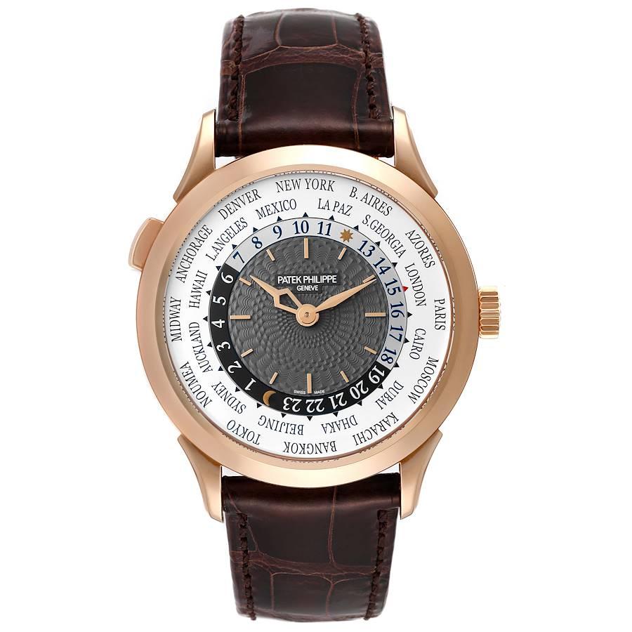 Patek Philippe World Time Complications Rose Gold Mens Watch 5230 Box Papers. Automatic self-winding movement. World time complication with 24-hour and day/night indication for all 24 time zones. 18k rose gold case 38.5 mm in diameter. Pusher at 10