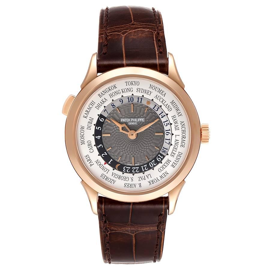 Patek Philippe World Time Complications Rose Gold Watch 5230R Box Papers. Automatic self-winding movement. World Time, GMT, Second Time Zone, Hour, Minute, Day/Night Indicator. 18k rose gold case 38.5 mm in diameter. Pusher at 10 o'clock to change
