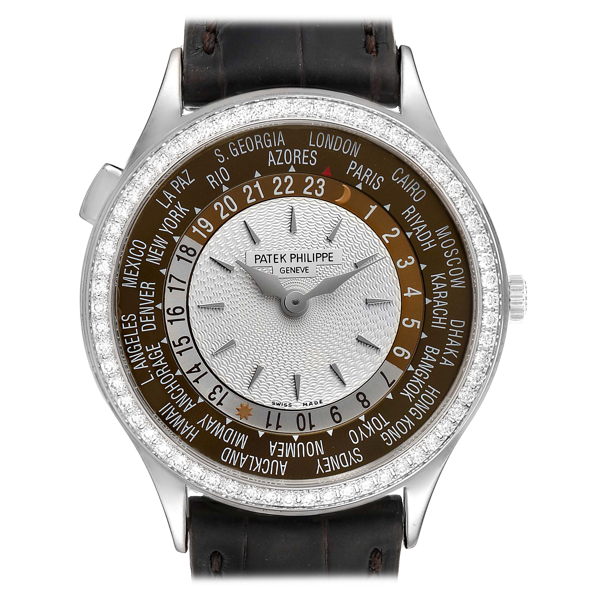 Patek Philippe World Time Complications White Gold Diamond Watch 7130