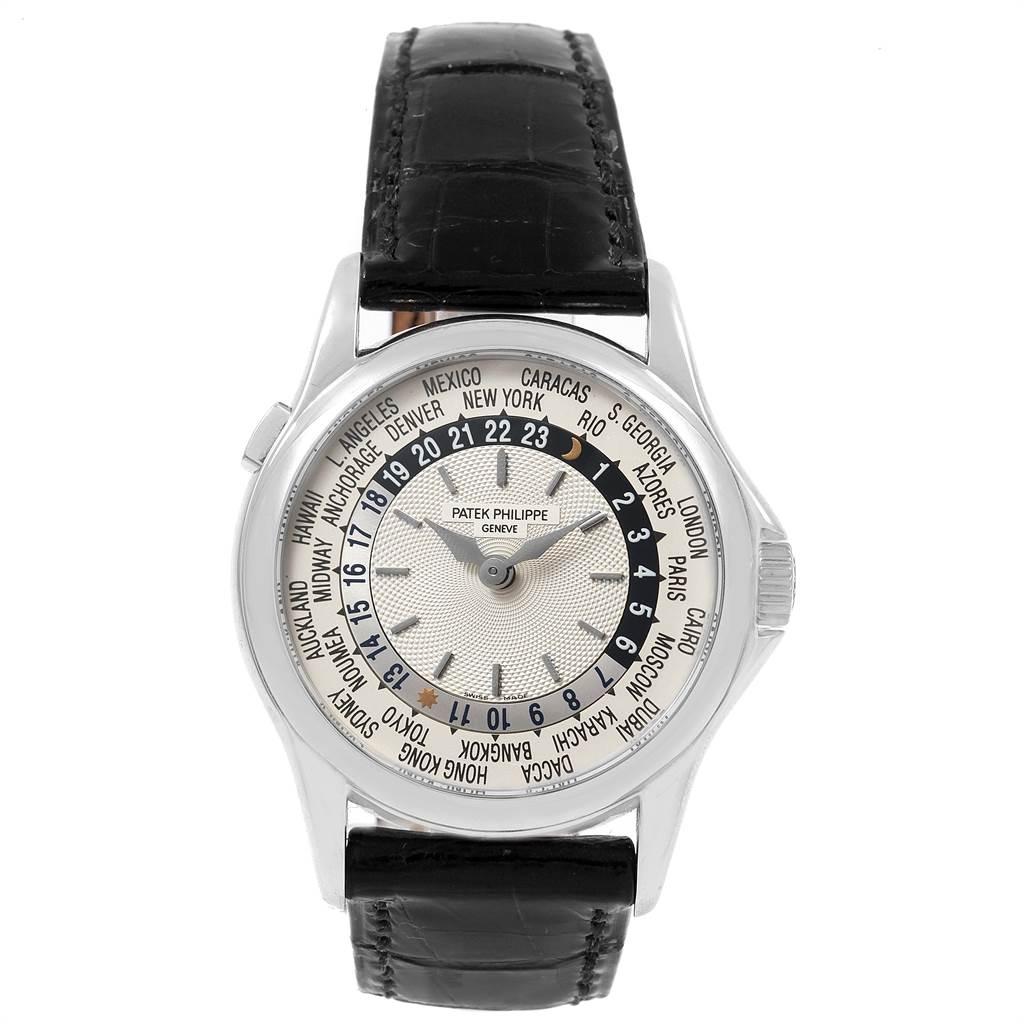 Patek Philippe World Time Complications White Gold Mens Watch 5110. Automatic self-winding movement. Rhodium-plated with fausses cotes embellishment. Straight-line lever escapement, a 22K gold mini rotor, an anti-shock device, and a monometallic