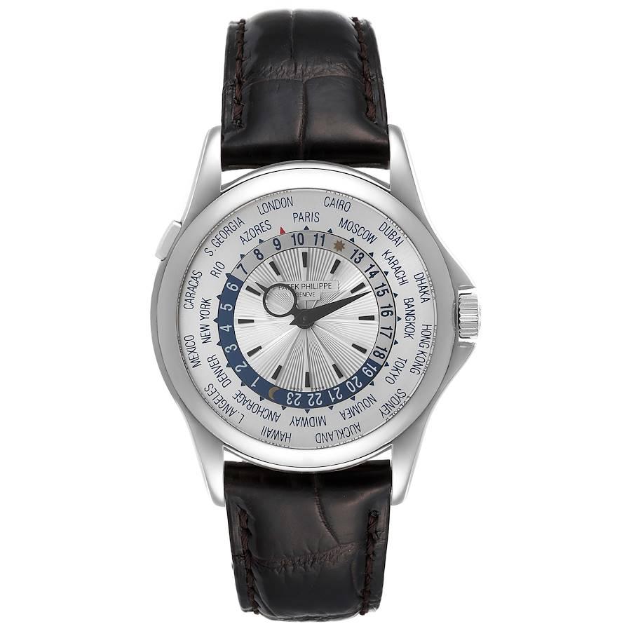 Patek Philippe World Time Complications White Gold Mens Watch 5130. Automatic self-winding movement. Nickel lever movement, stamped with the PP seal, mono-metallic balance, 22k gold micro-rotor . 18k white gold case 39.5 mm in diameter. Crown with